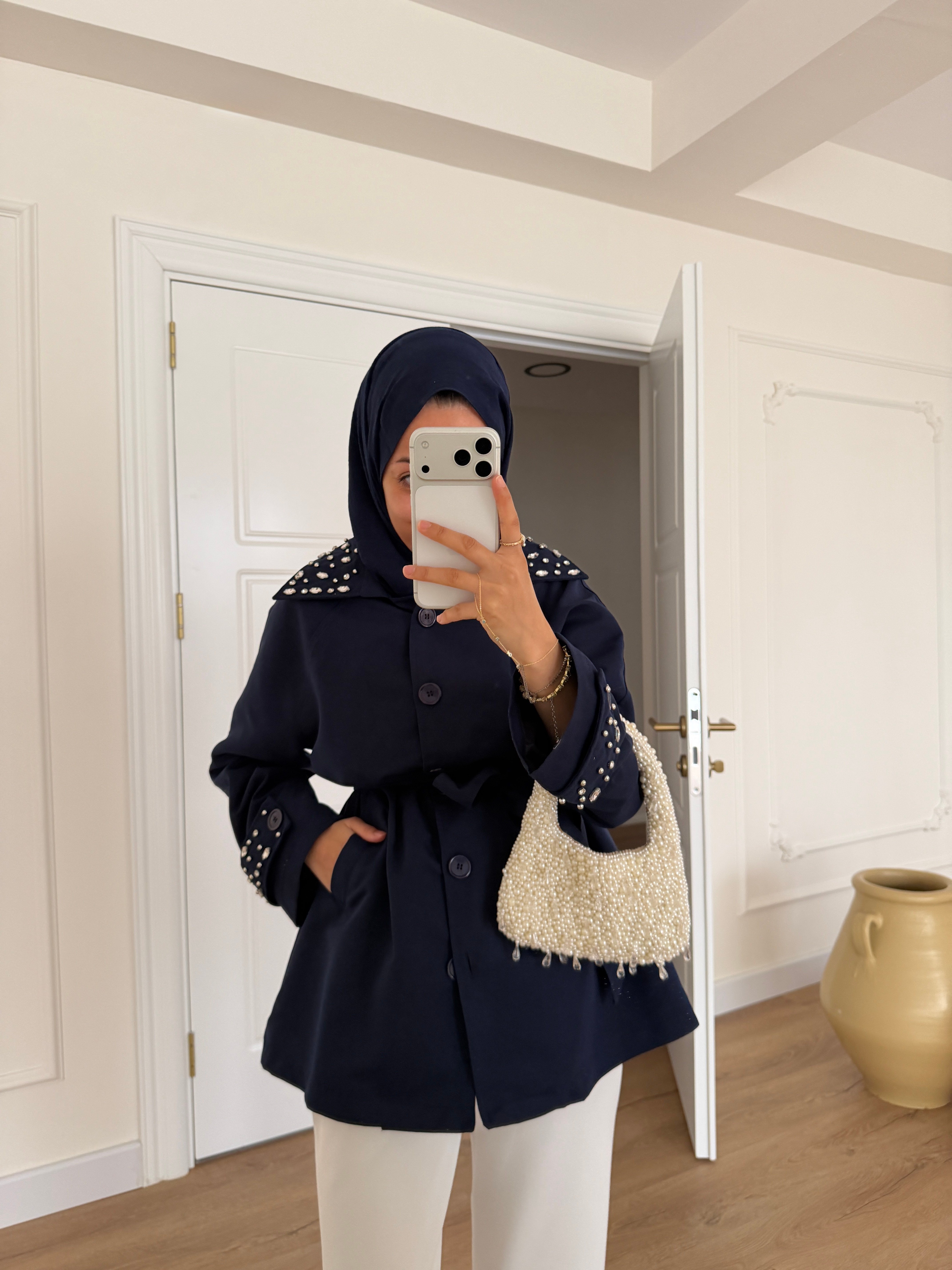 Taşlı Premium Trençkot - Lacivert 