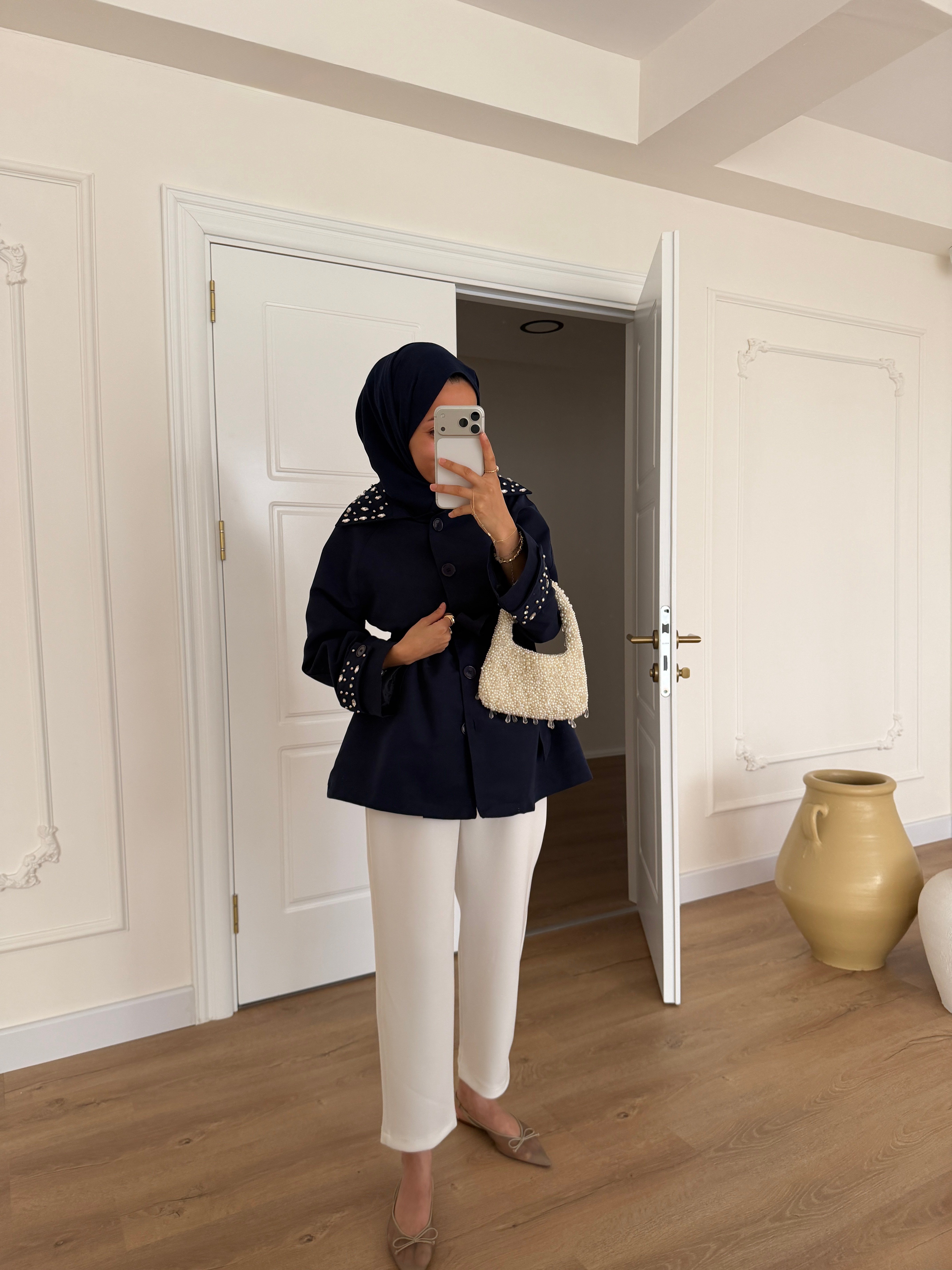 Taşlı Premium Trençkot - Lacivert 