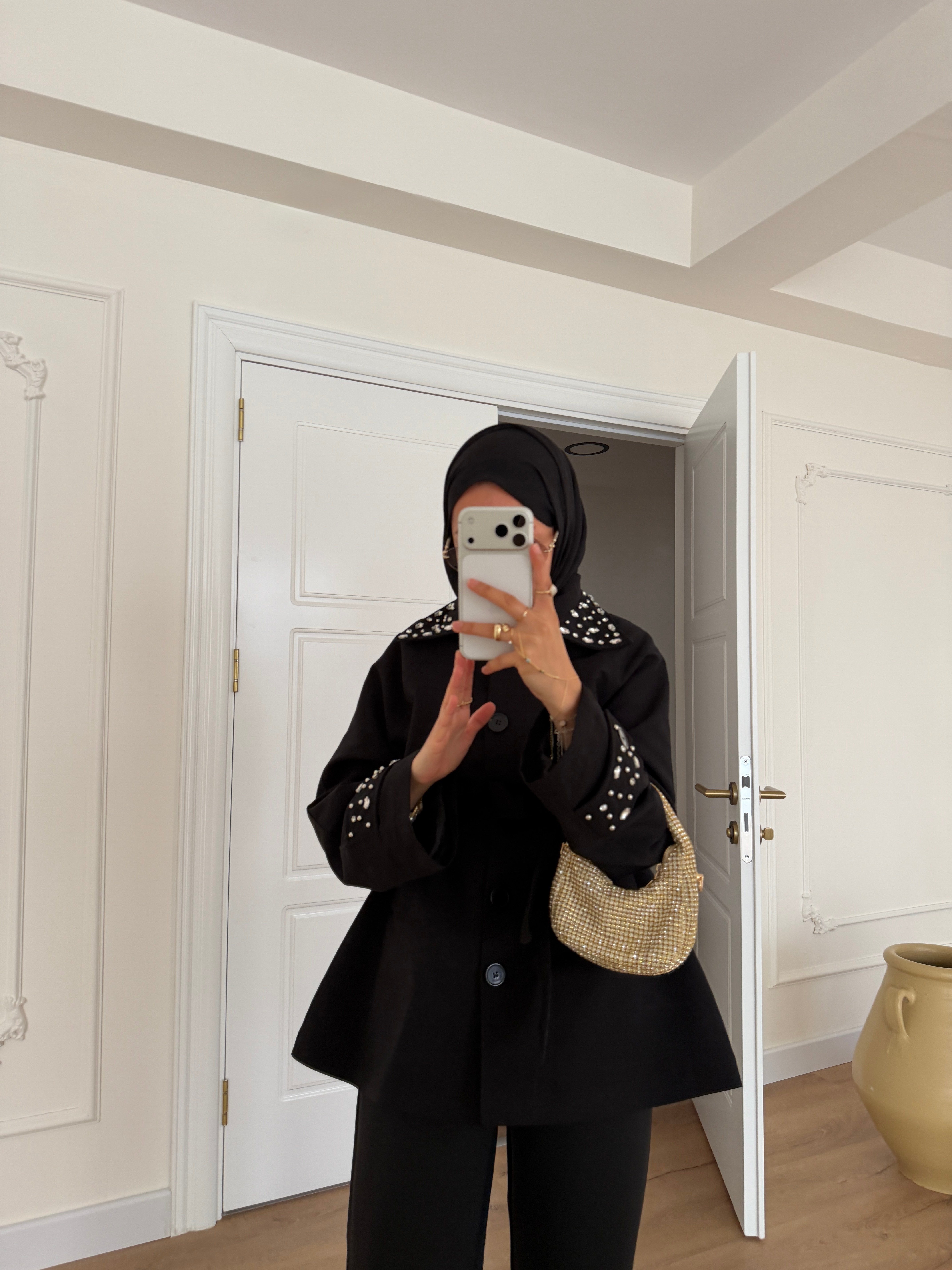 Taşlı Premium Trençkot - Siyah