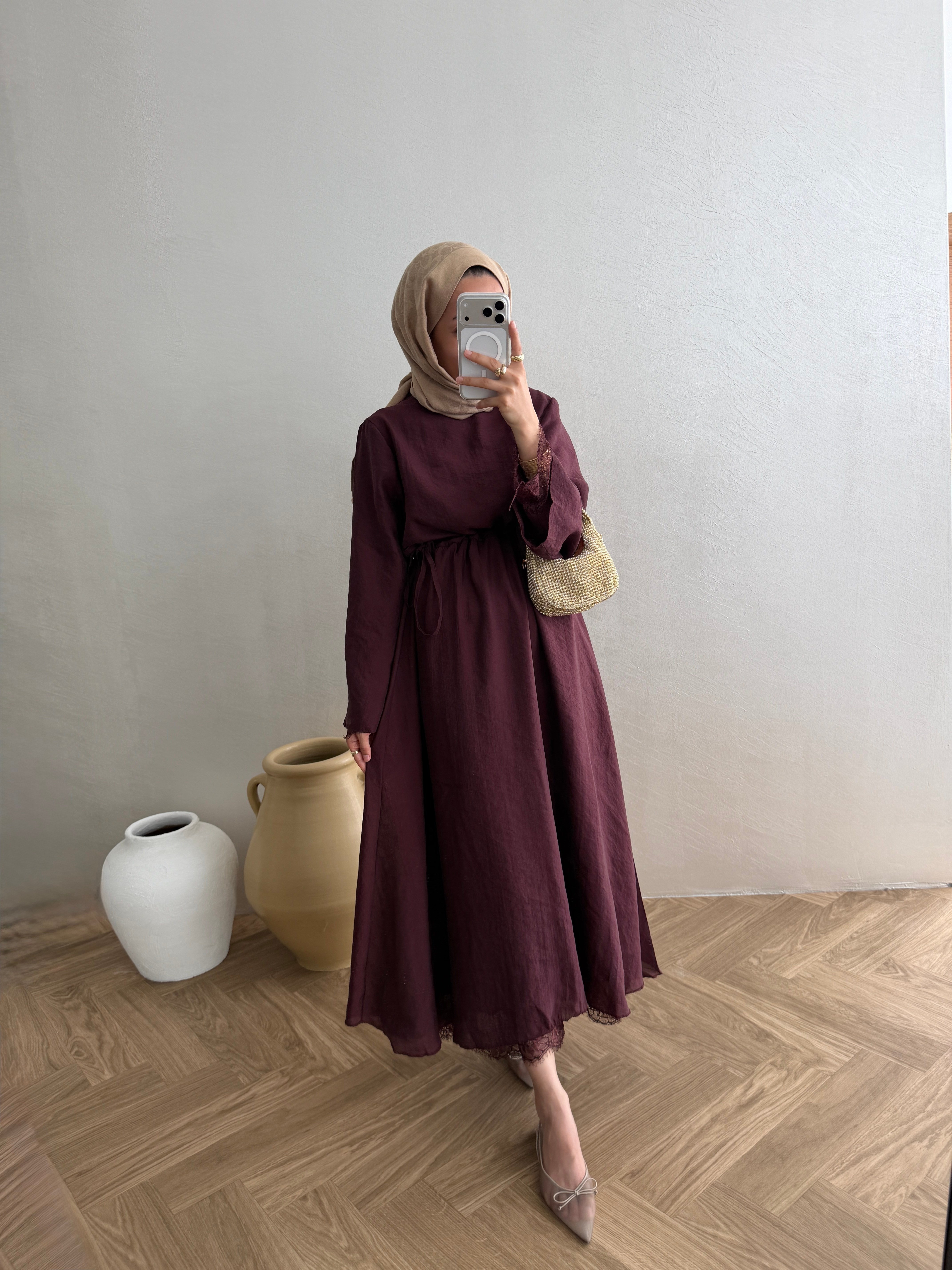 Tensel Dantelli Elbise - Bordo