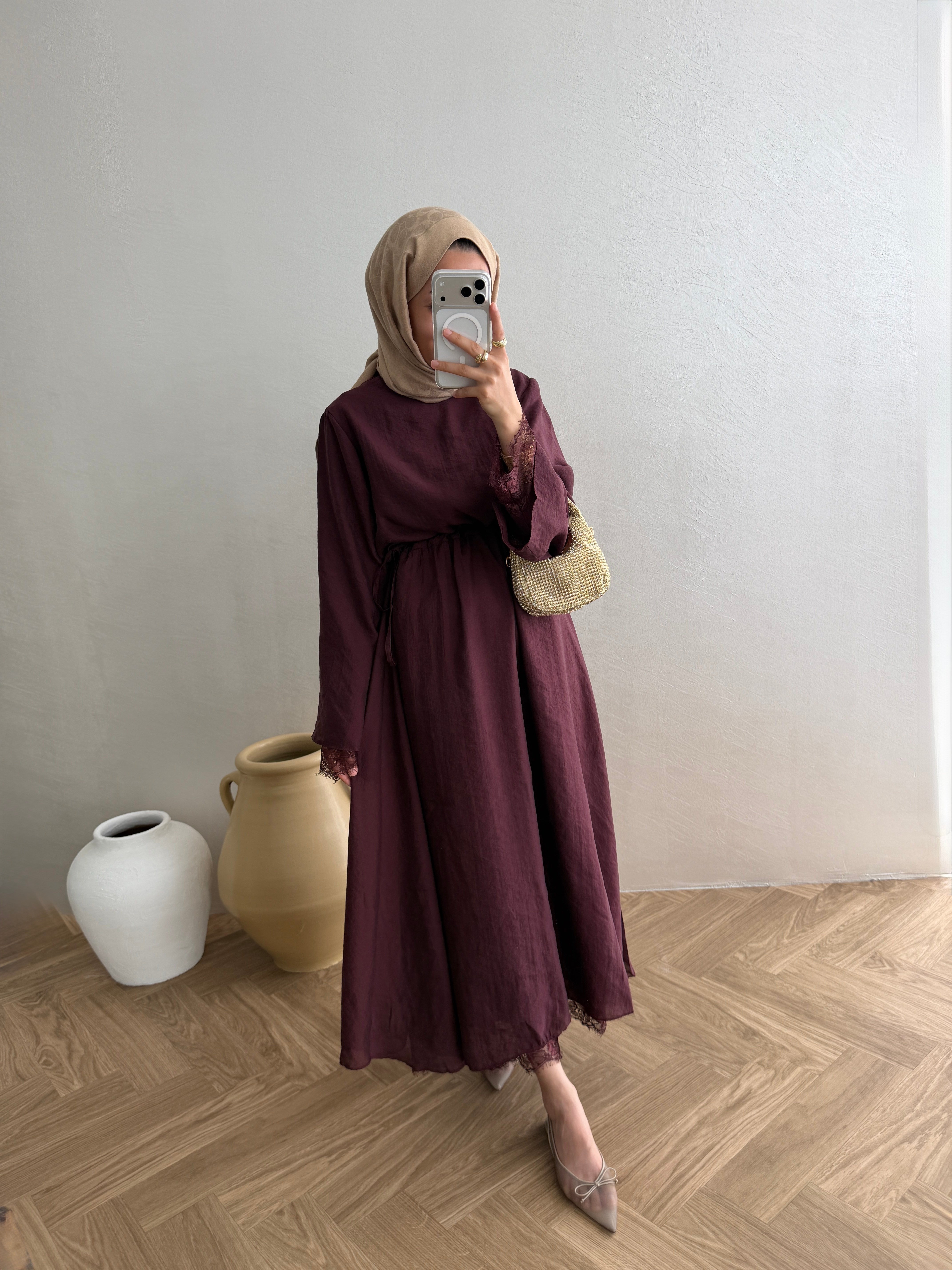 Tensel Dantelli Elbise - Bordo