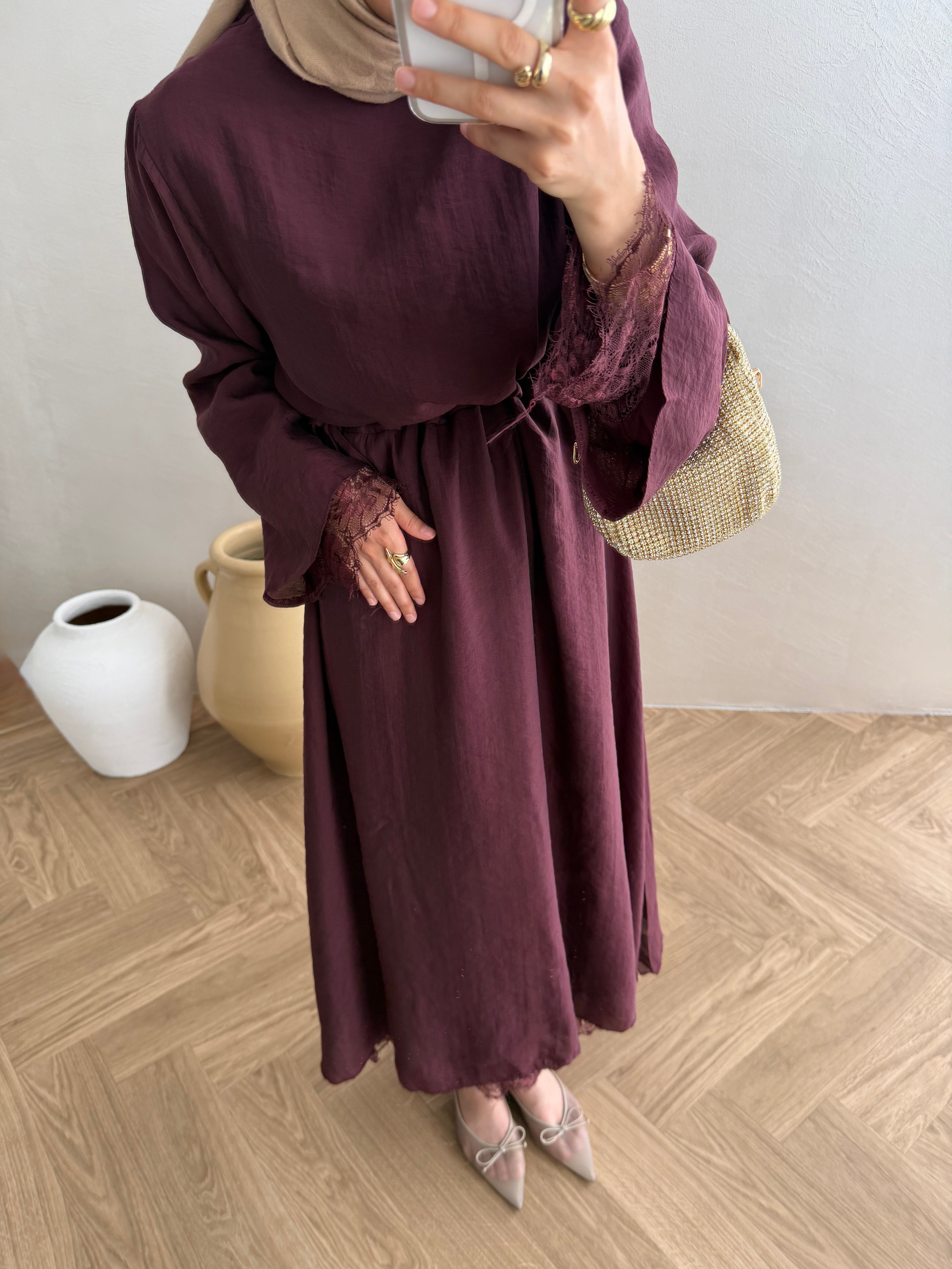 Tensel Dantelli Elbise - Bordo
