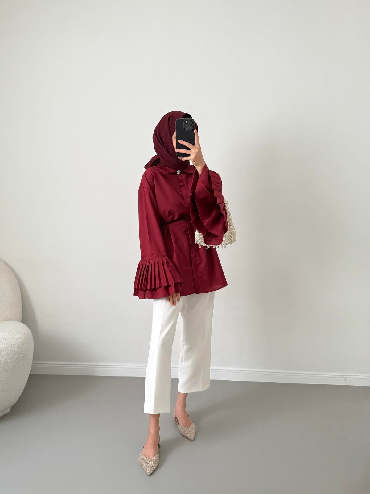 Volanlı Piliseli Gömlek - Bordo