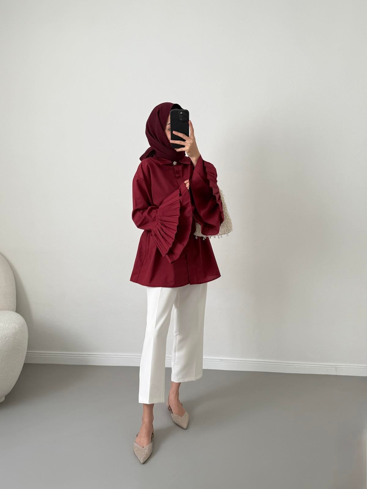 Volanlı Piliseli Gömlek - Bordo