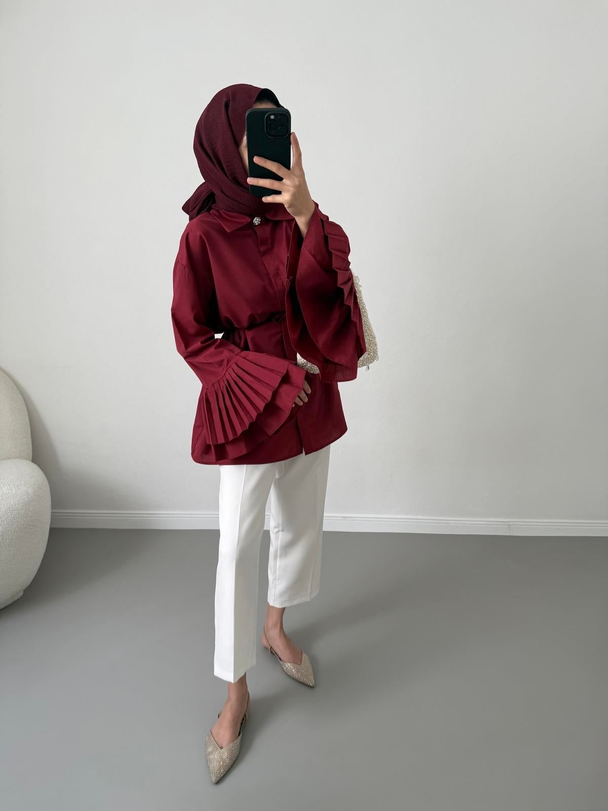 Volanlı Piliseli Gömlek - Bordo