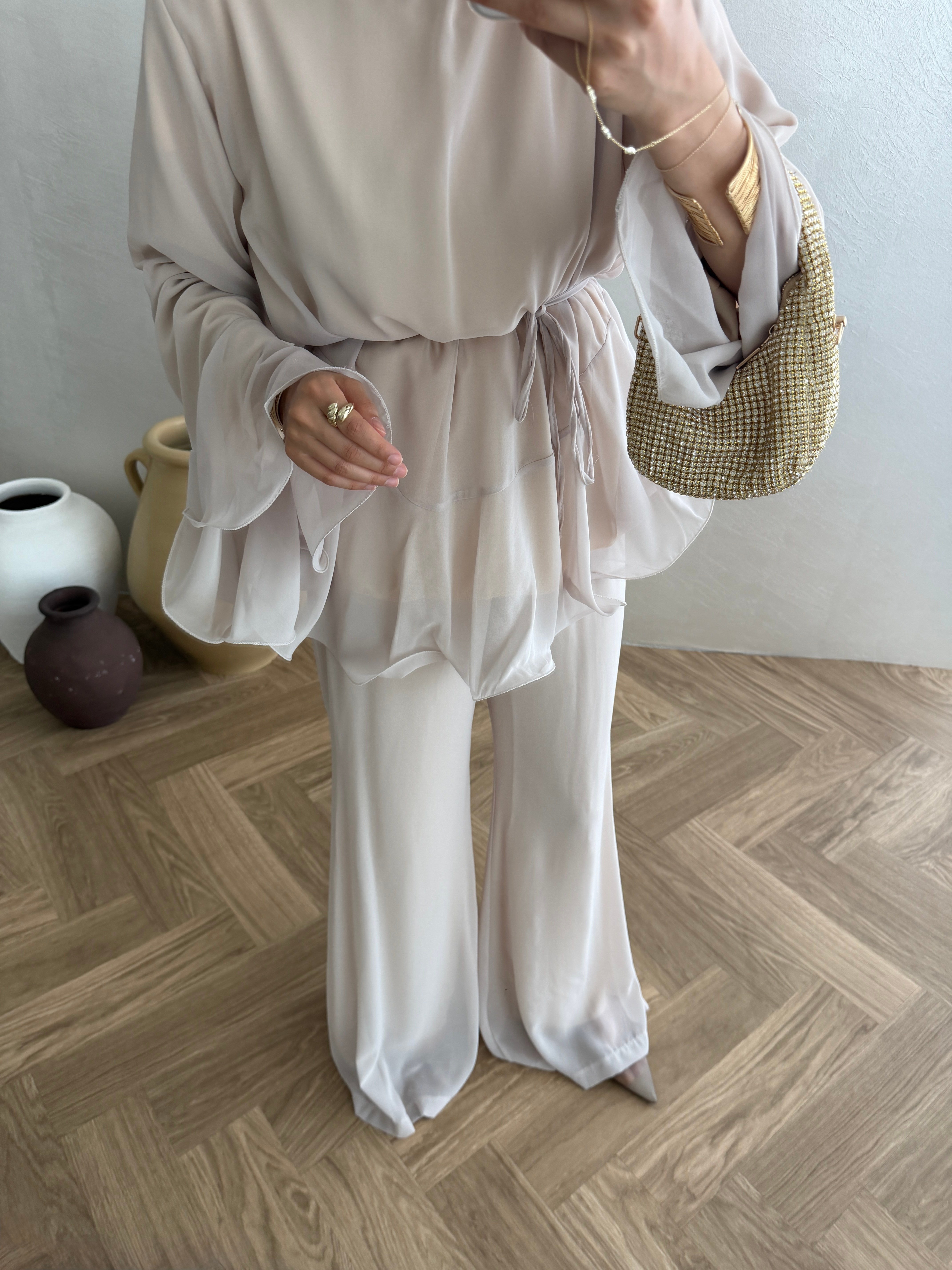 Volanlı Şifon Takım - Bej