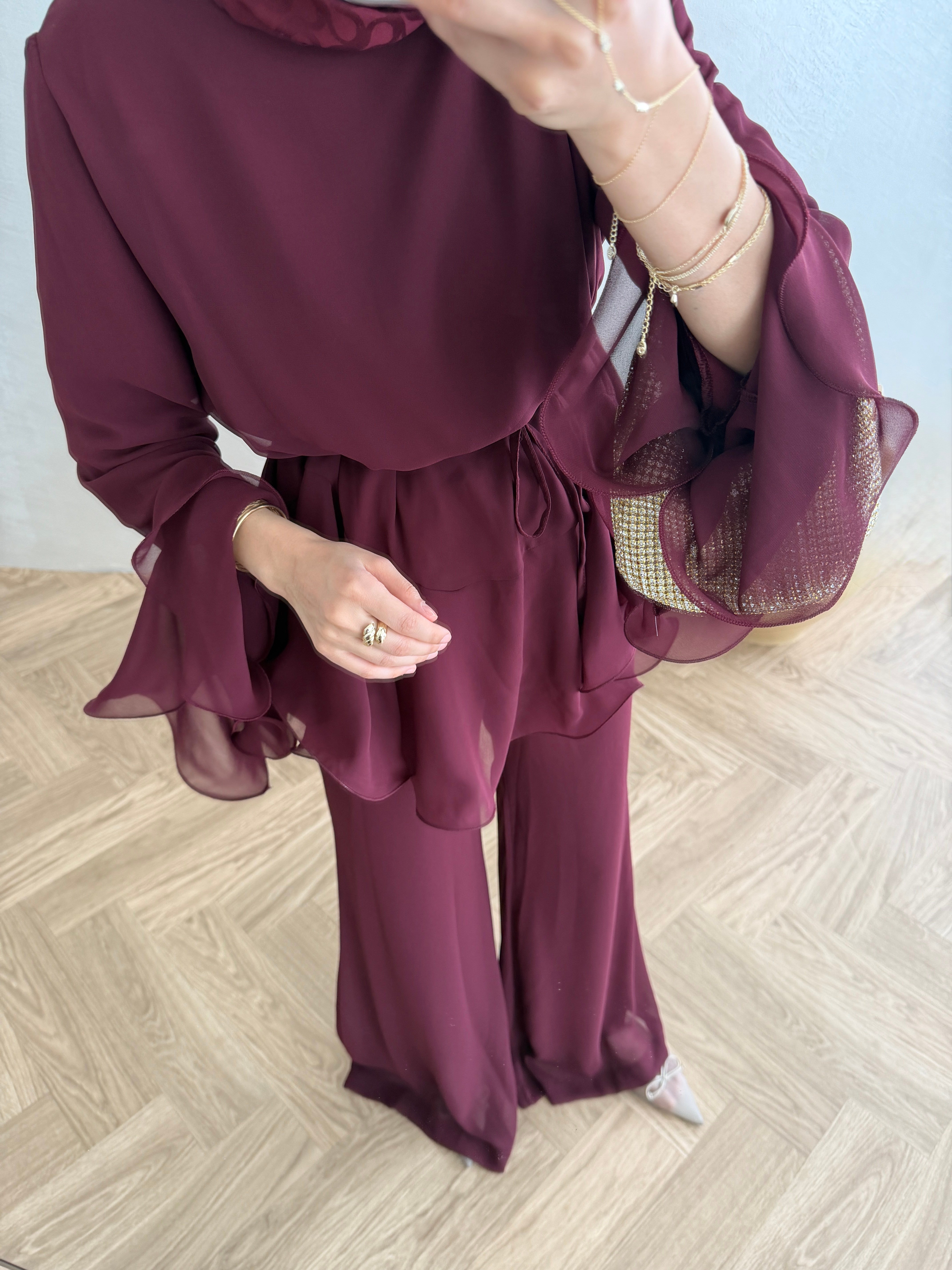 Volanlı Şifon Takım - Bordo
