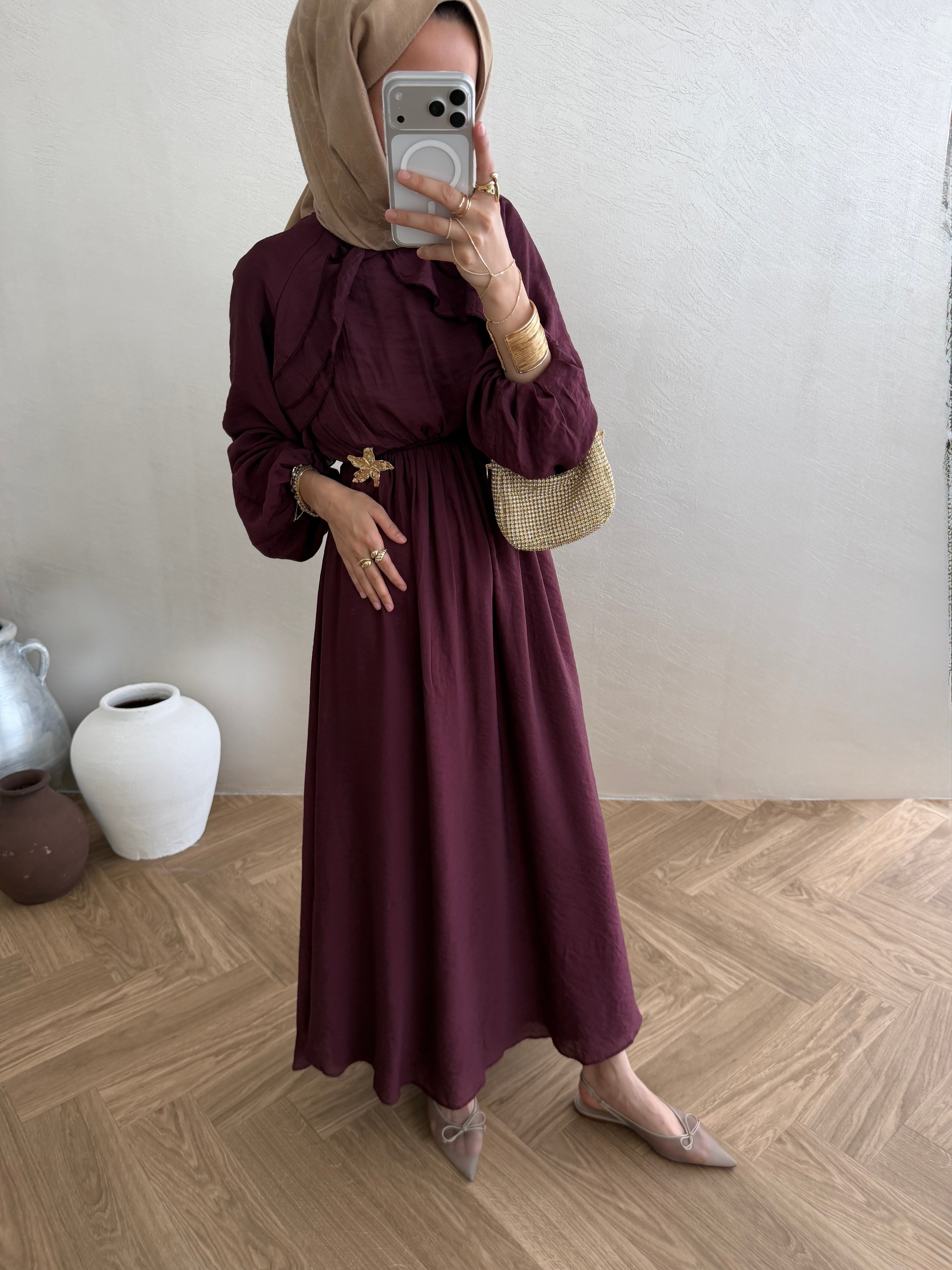 Vual Broşlu Elbise - Bordo