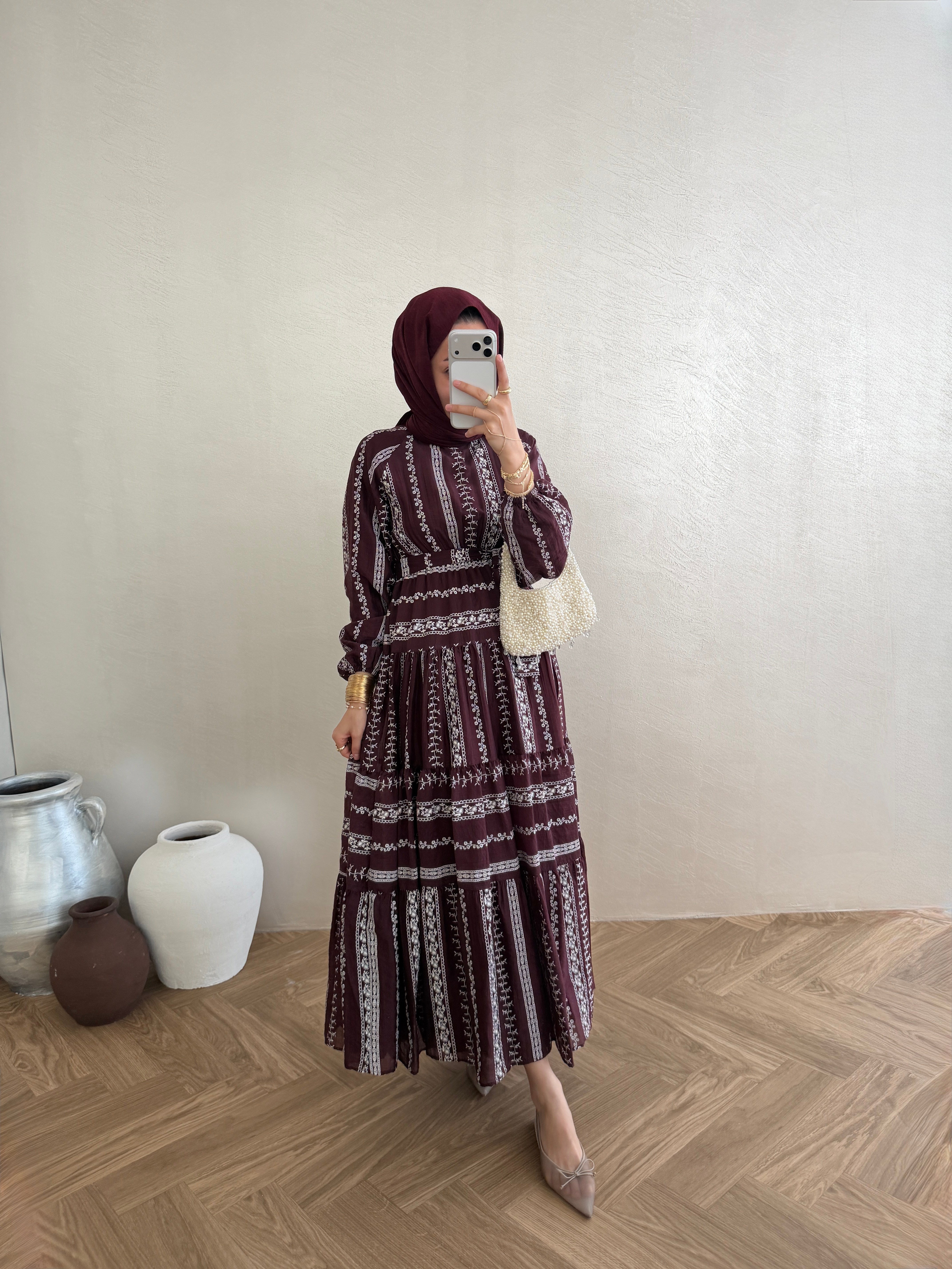Vual Desenli Elbise - Bordo