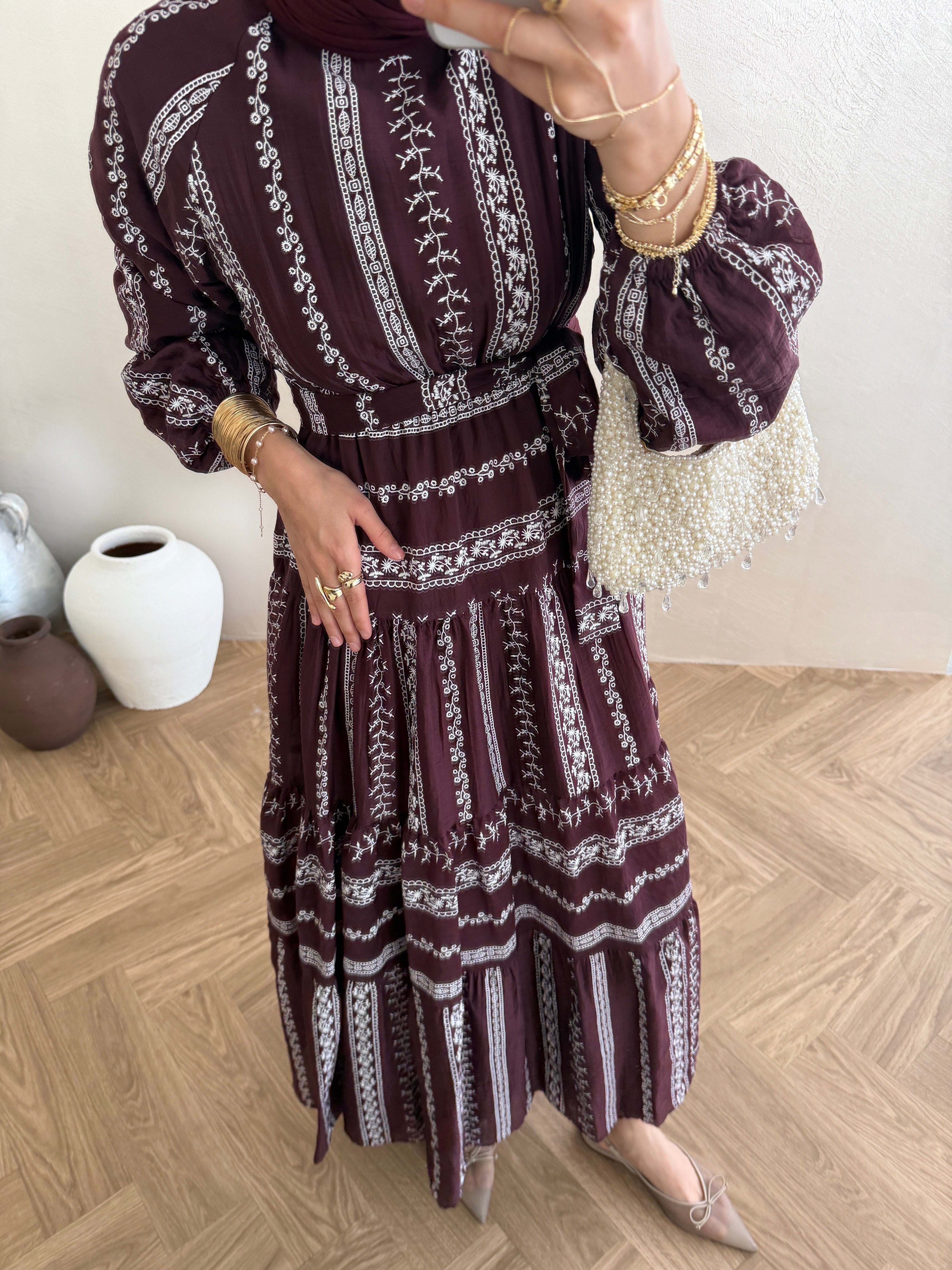 Vual Desenli Elbise - Bordo