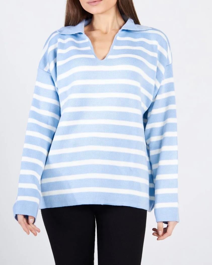 Çizgili Oversize Polo Yaka Triko