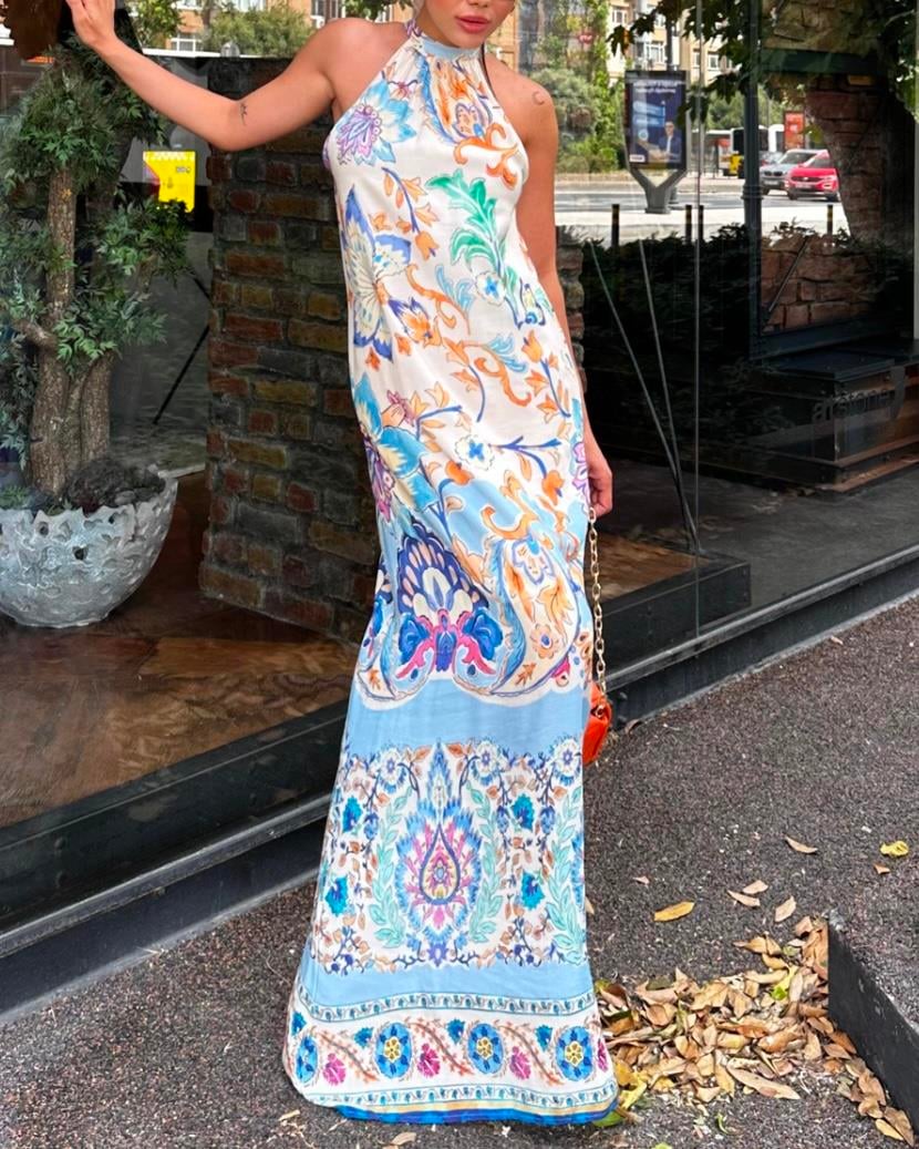 HALTER YAKA DESENLİ VİSKON MAXI ELBİSE