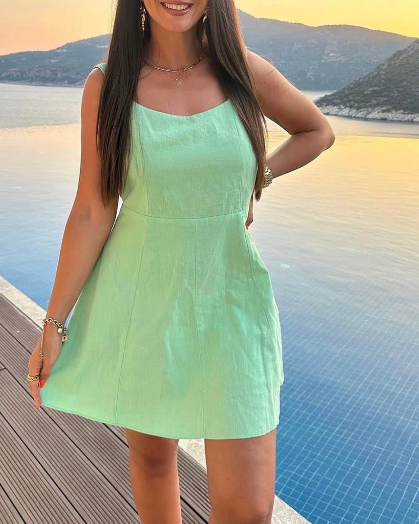 SIRT DEKOLTELİ KETEN CEPLİ MİNİ ELBİSE