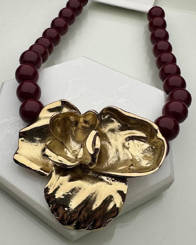 ZRA PREMIUM BORDO İNCİ GOLD ÇİÇEK DETAY KOLYE