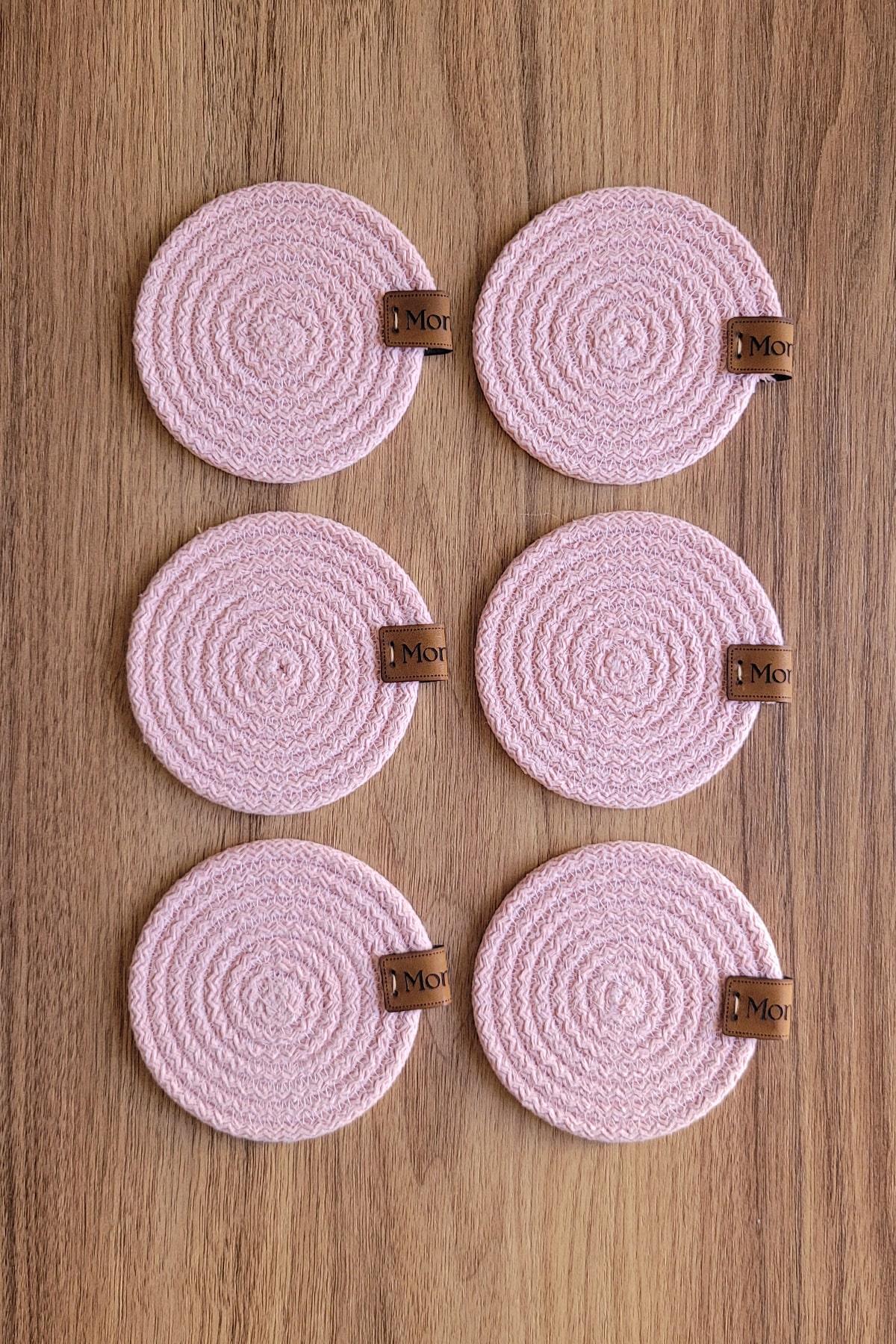 Monovia 6'lı Pembe Rengi 10 cm Pamuk Kordon Yuvarlak Bardak Altlığı 