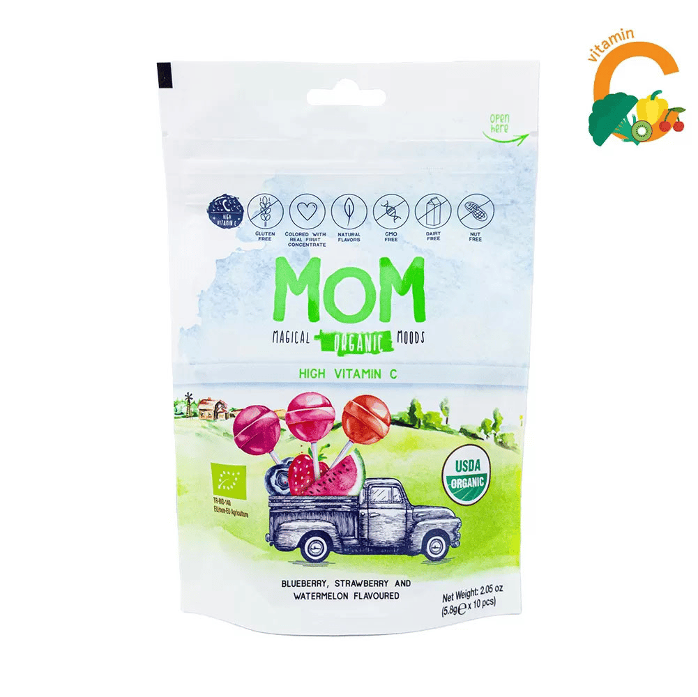 Mom Organik Lolipop (Çilek, Karpuz, Yaban mersini ve C Vitamini)