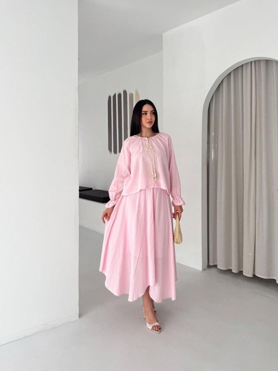 Astarlı Asimetrik Midi Boy Etek-Pembe