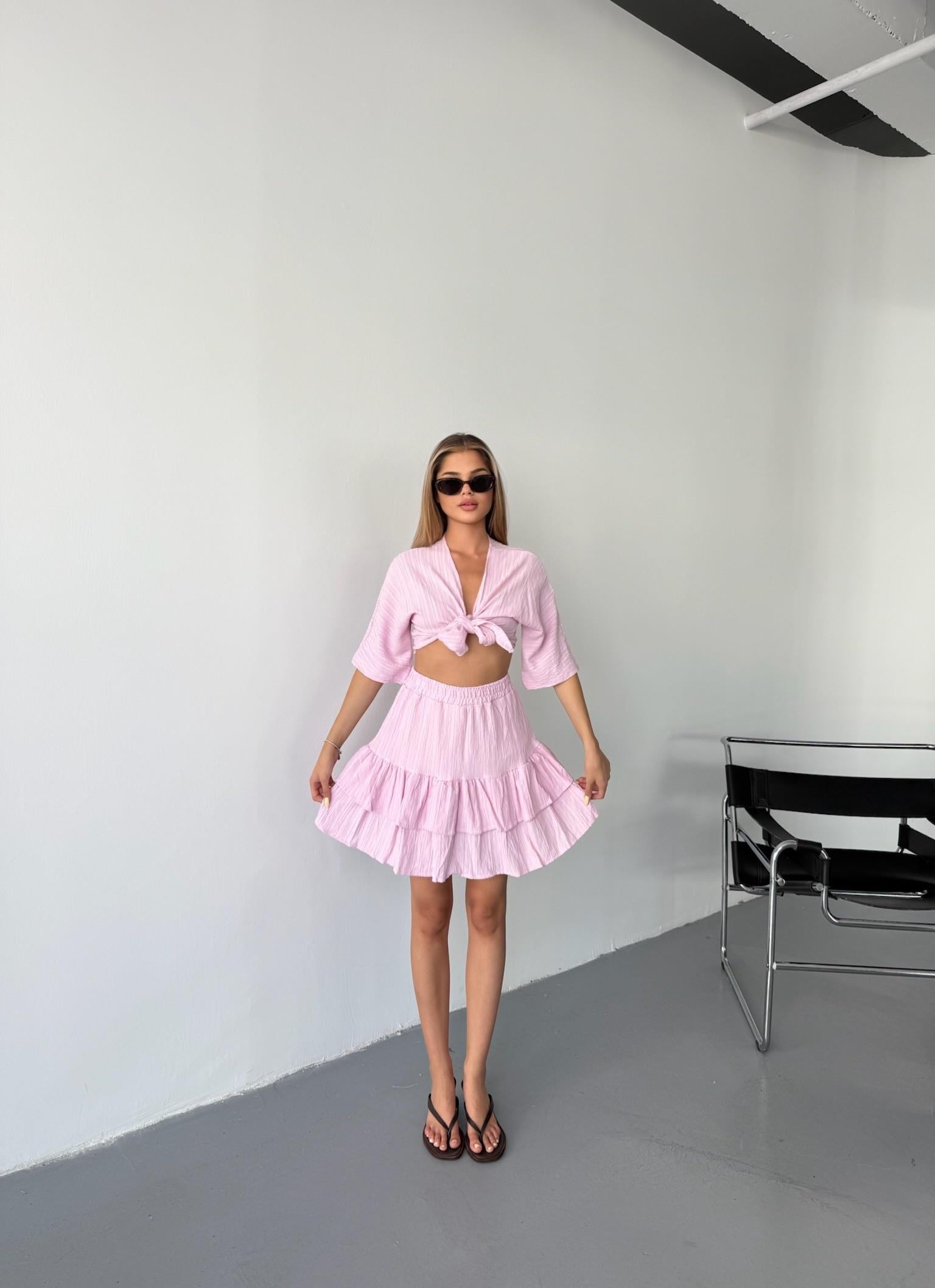 Bağlamalı Bluz Etek Takım-Pembe