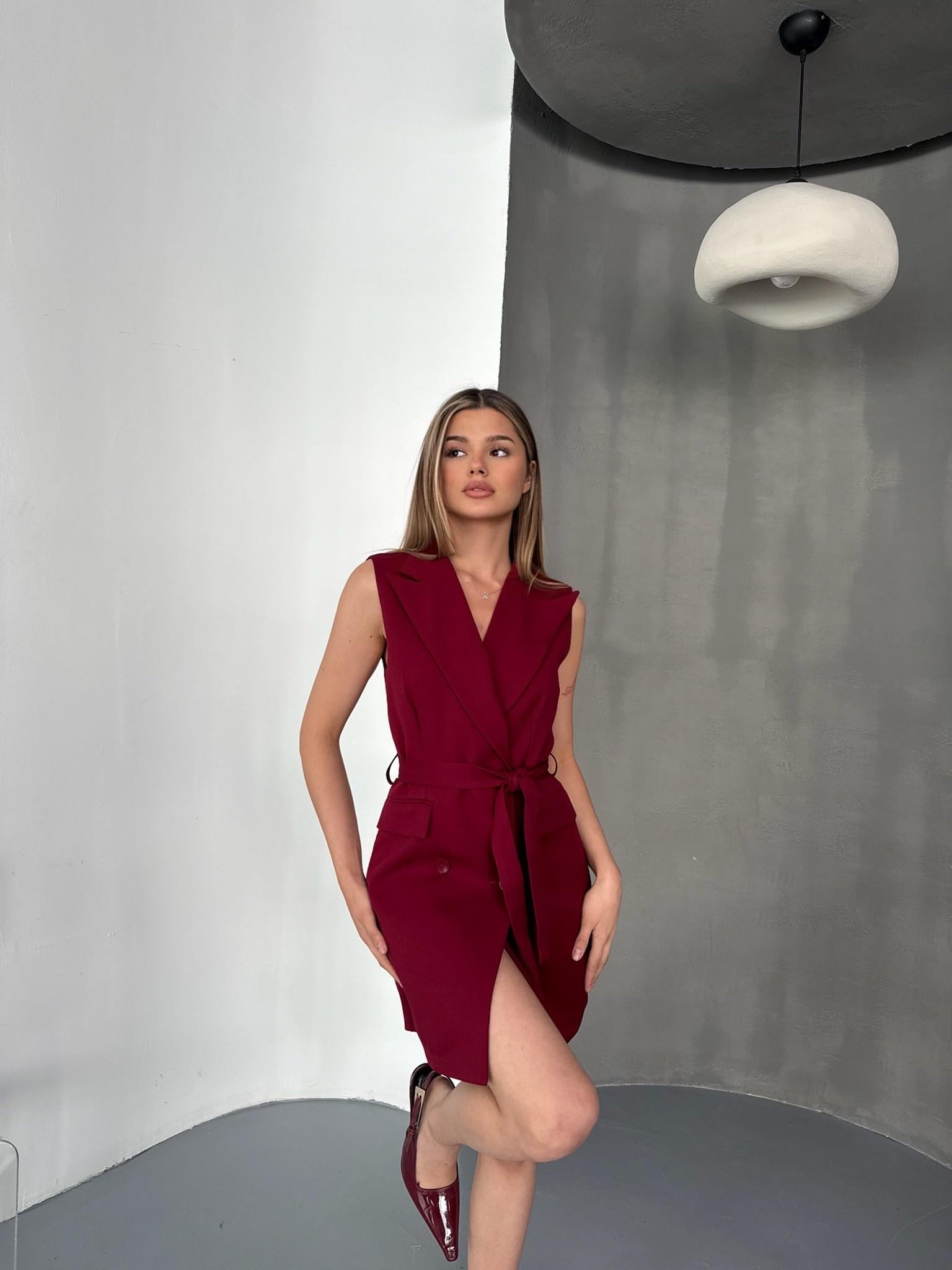Bel Kuşaklı Yelek Elbise-Bordo