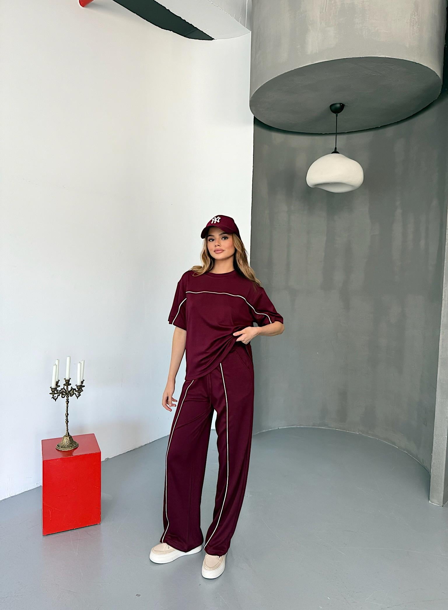 Bisiklet Yaka Modal Biyeli Takım-Bordo