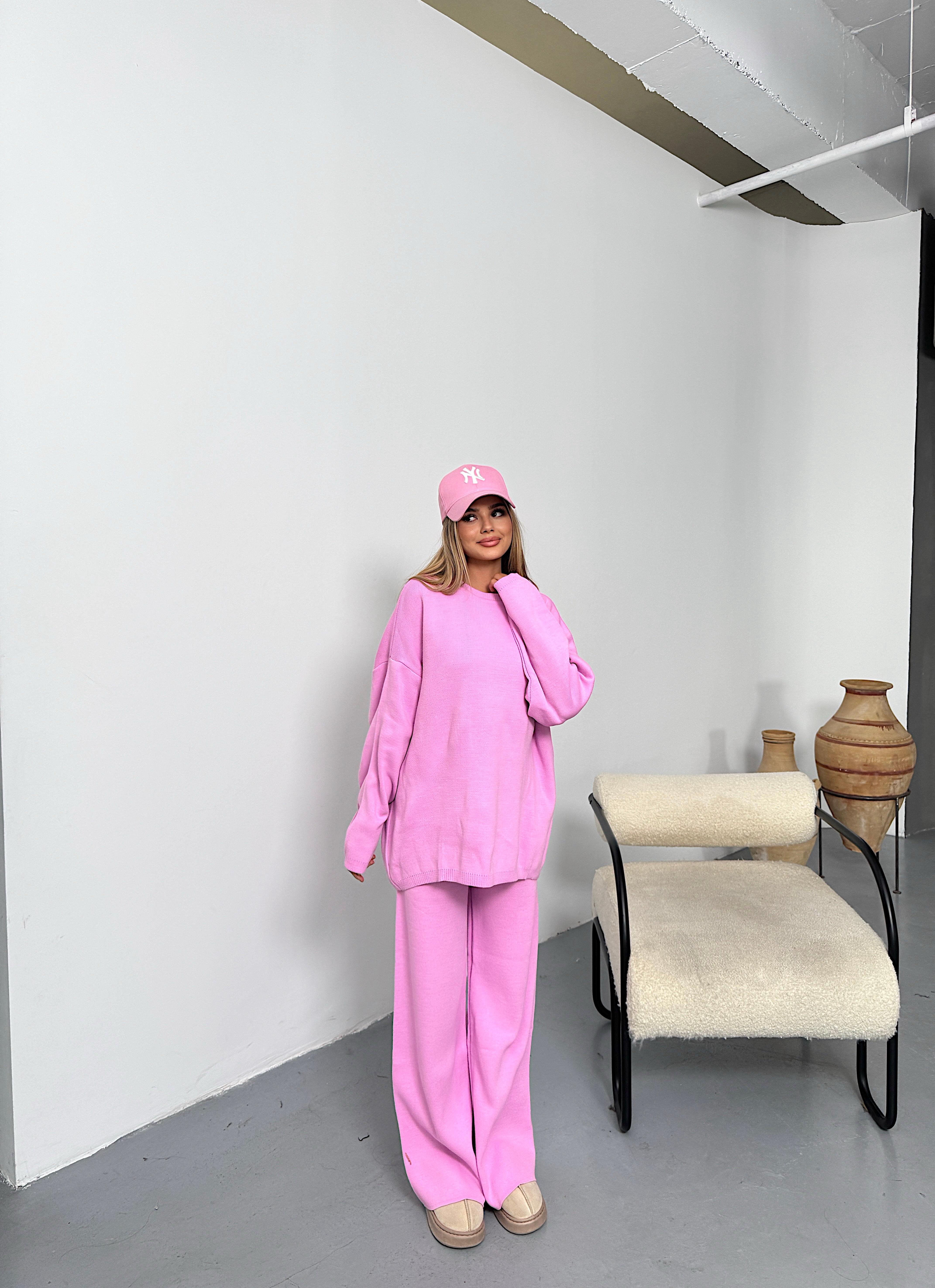 Bisiklet Yaka Triko Pantolon Takım-Pembe
