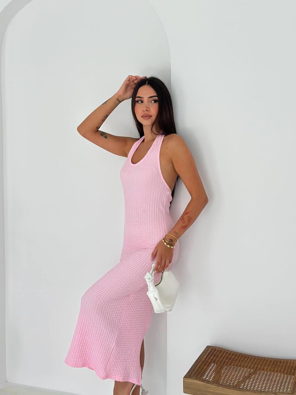 Boyun Geçmeli Gofre Elbise-Pembe