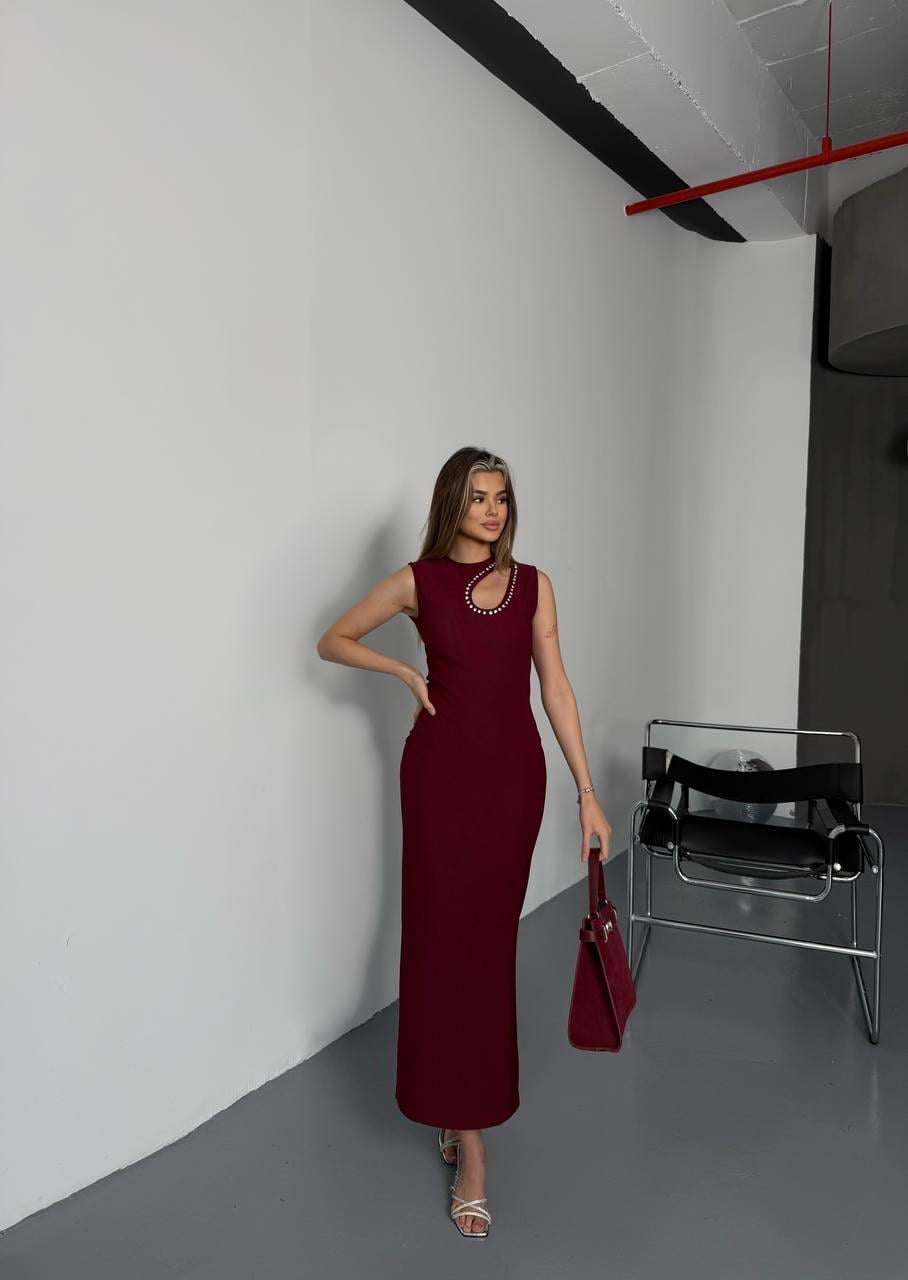 Damla Taş Detaylı Elbise-Bordo