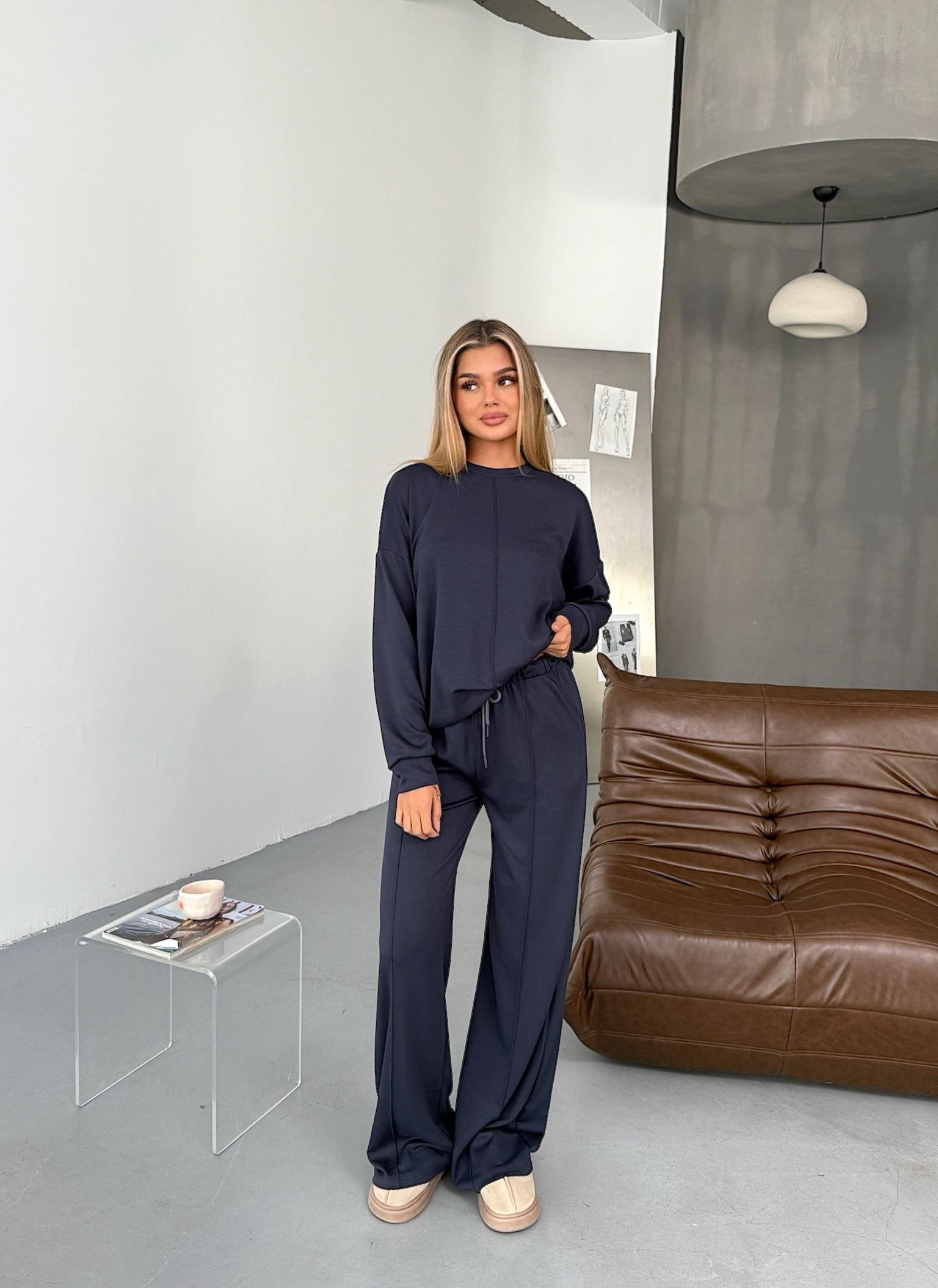 Dikiş Detaylı Modal Pantolon Takım-Füme