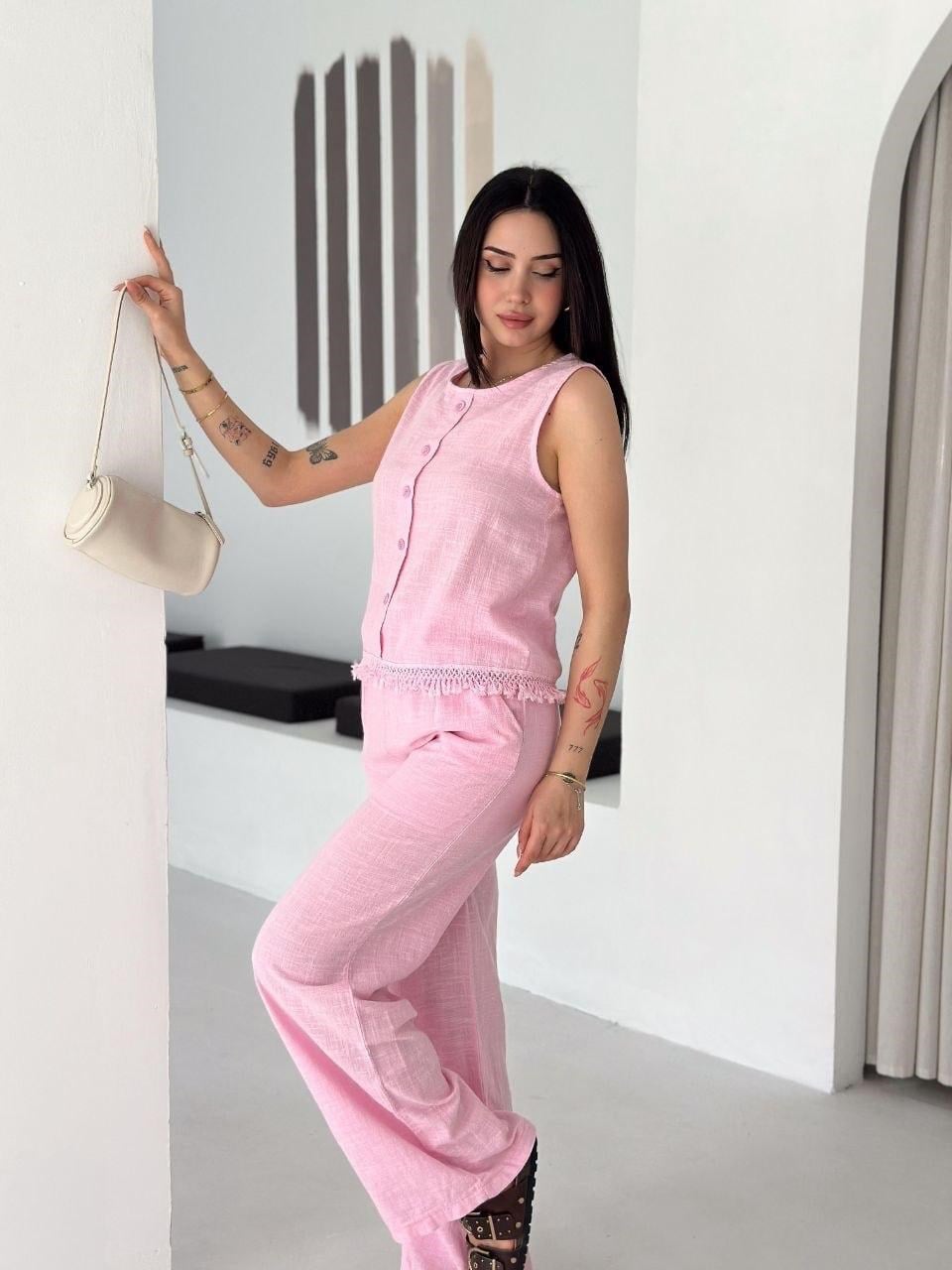 Düğme Detaylı Keten Bluz Pantolon Takım-Pembe