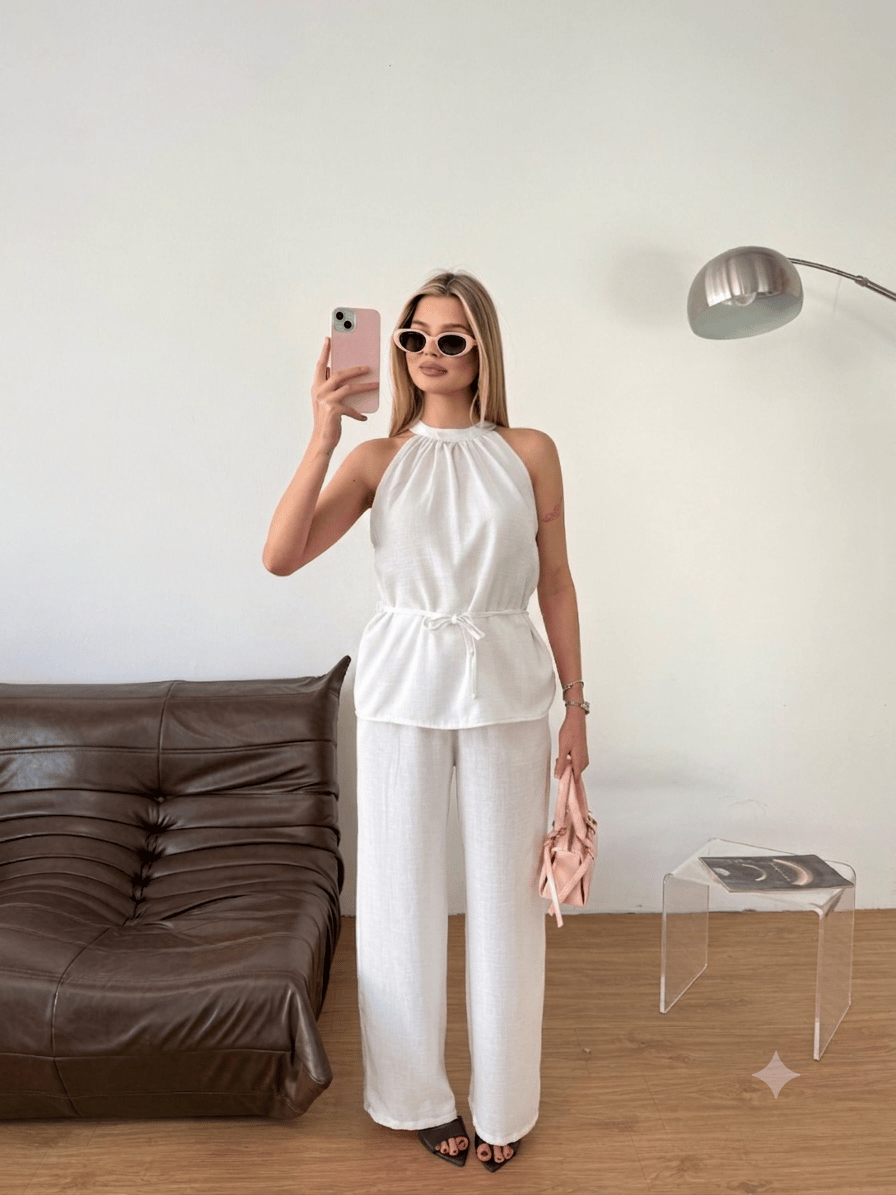 Halter Yaka Bluz Pantolon Takım-Beyaz