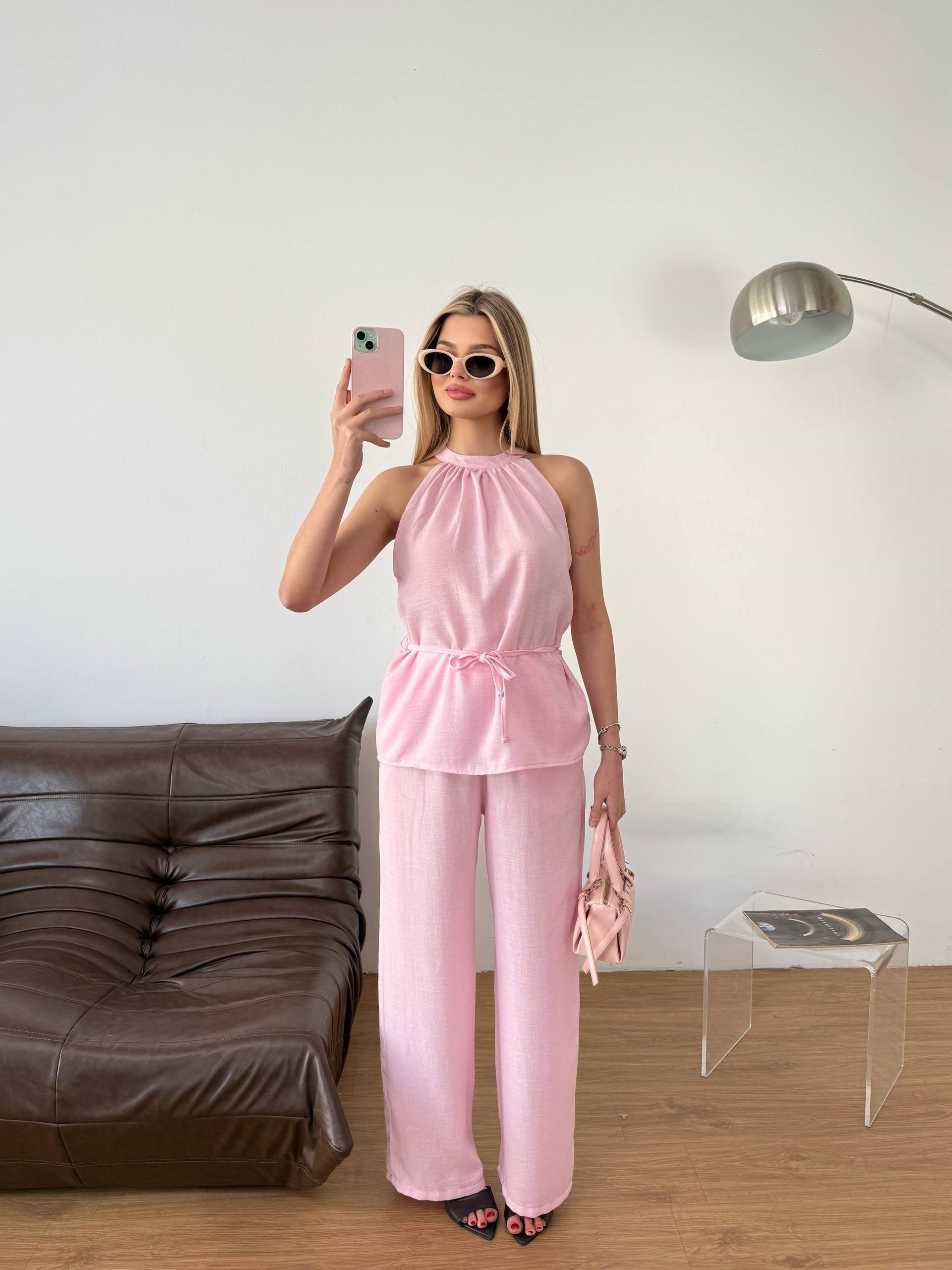 Halter Yaka Bluz Pantolon Takım-Pembe