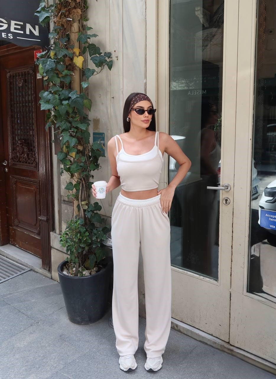 İnce Askılı Crop Pantolon Takım-Bej