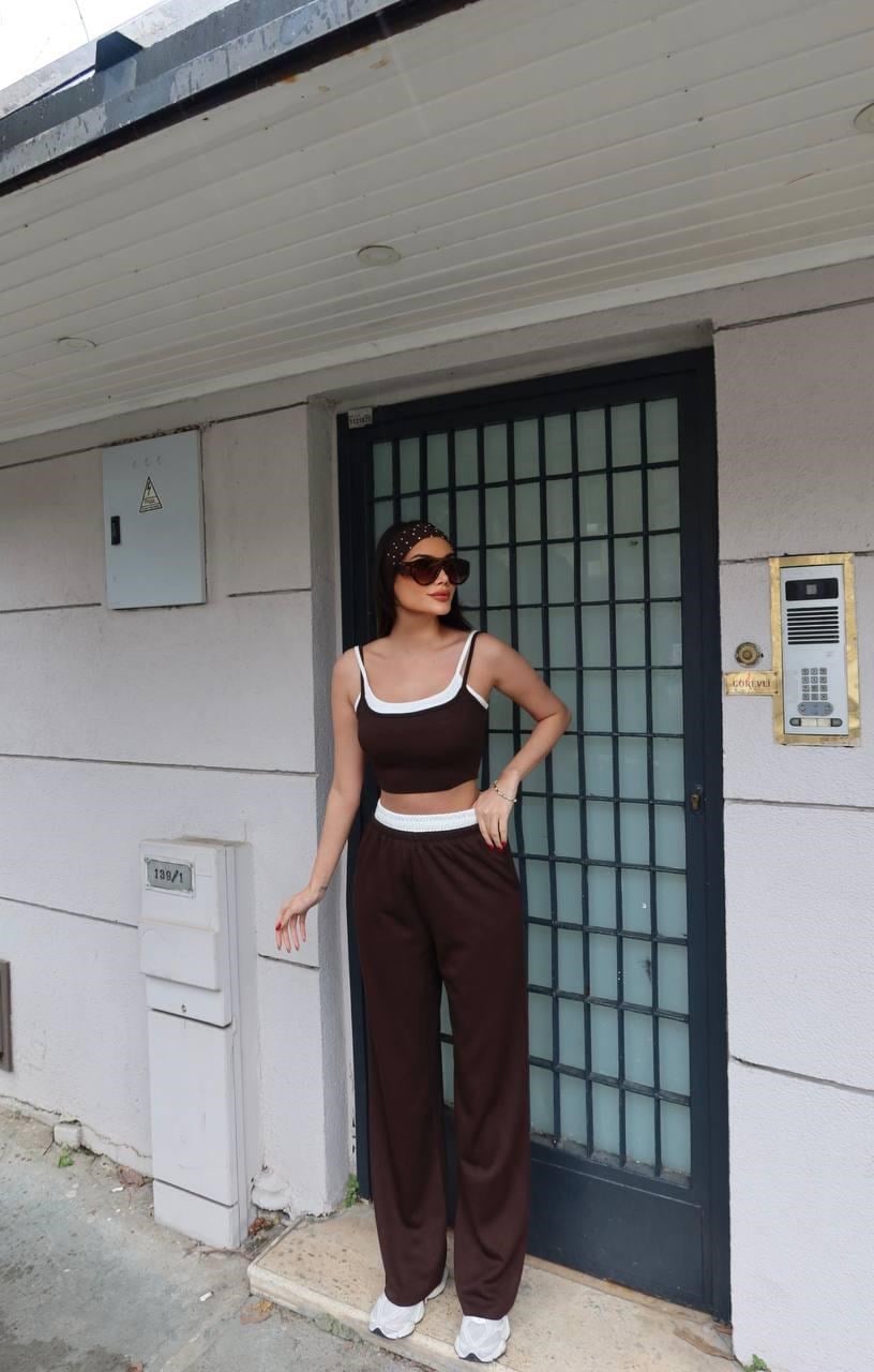 İnce Askılı Crop Pantolon Takım-Kahve