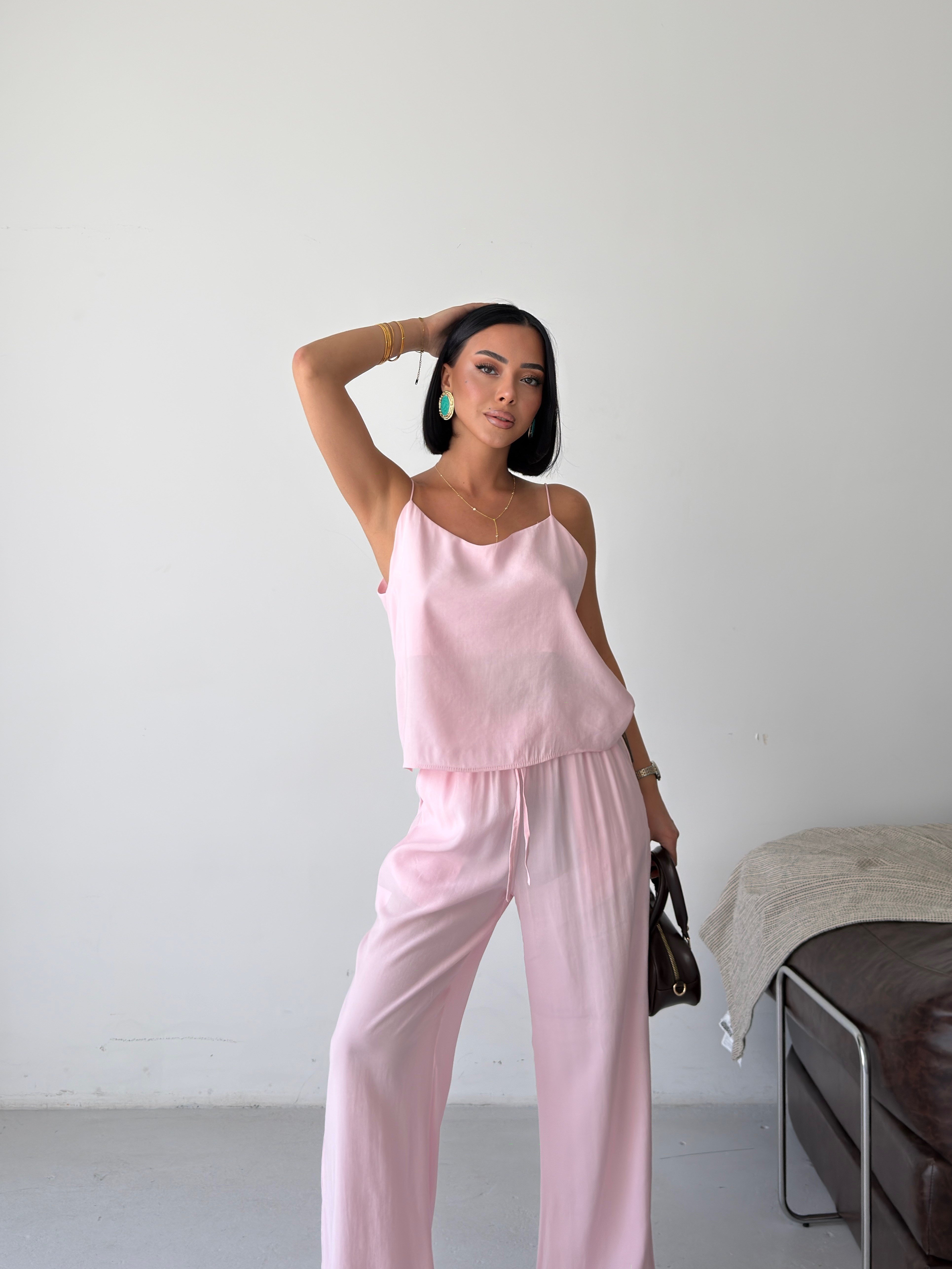 İp Askılı Bluz Pantolon Takım-Pembe