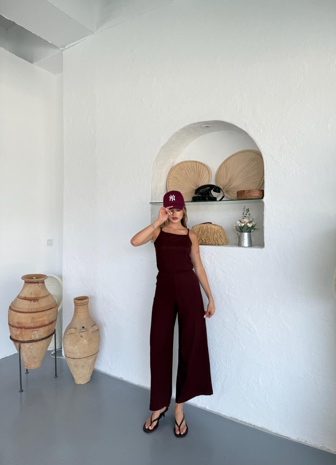 İp Askılı Tulum-Bordo