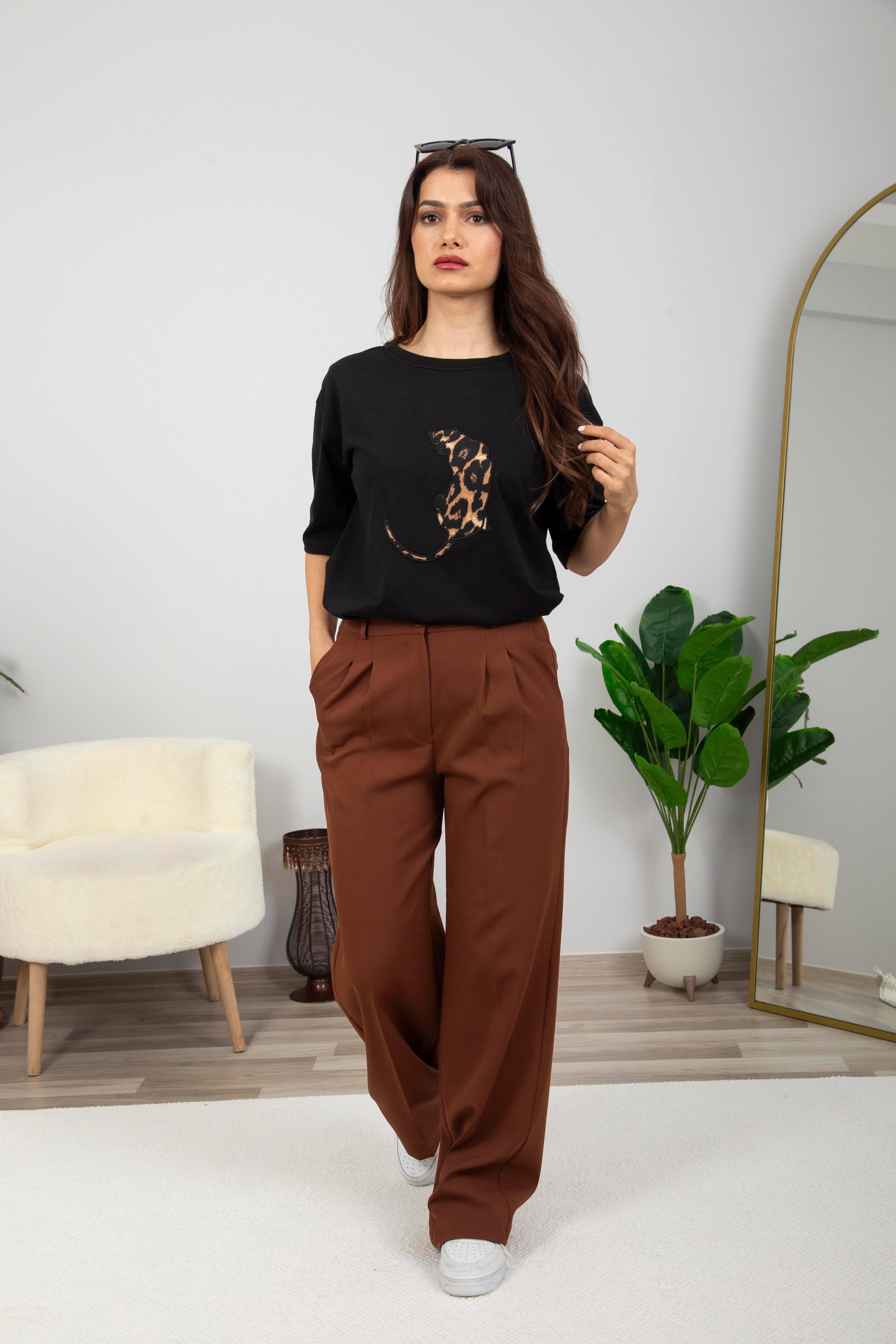 Leopar Nakış Basic Tshirt-Siyah