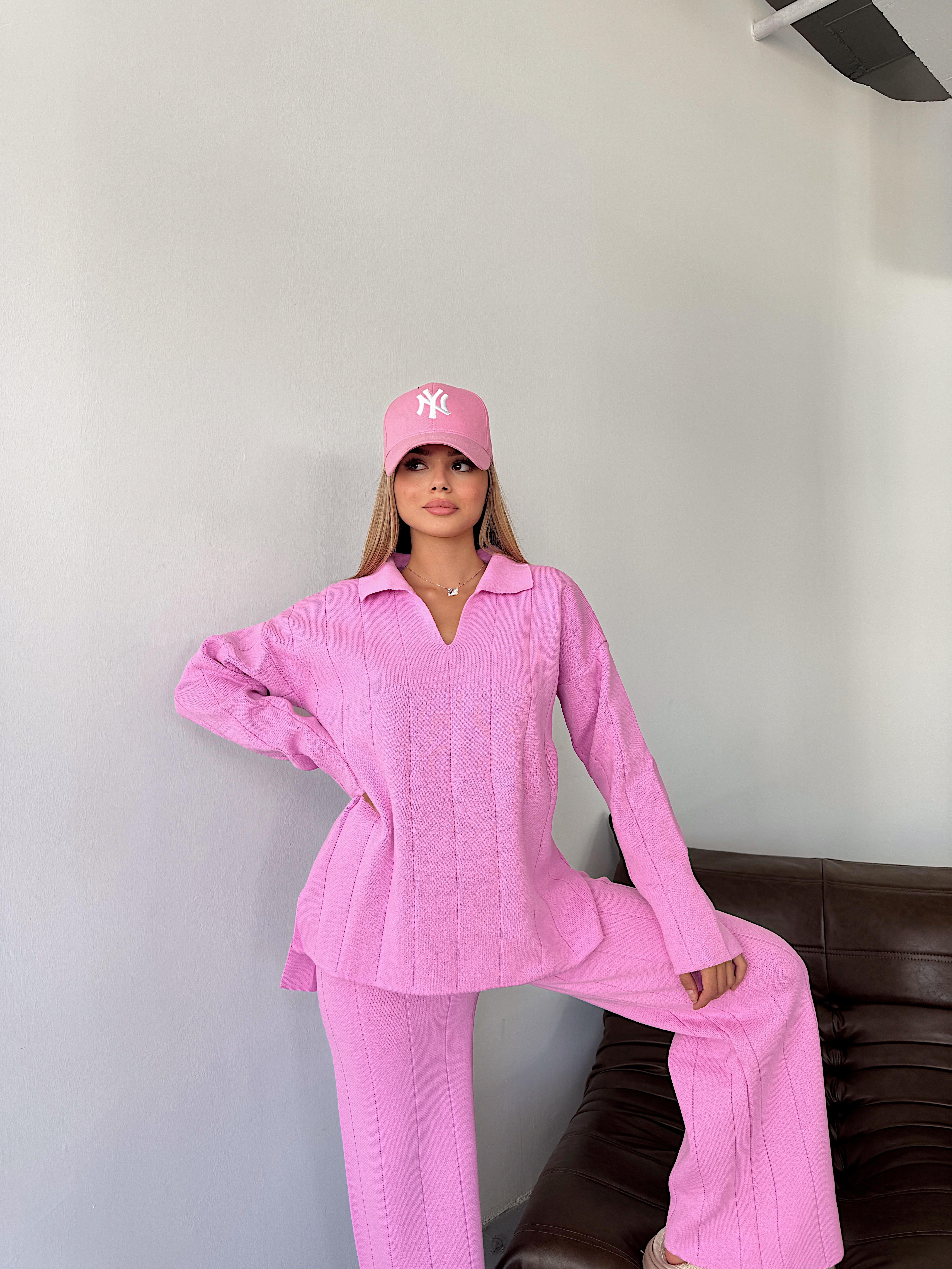 Polo Yaka İkili Triko Takım-Pembe