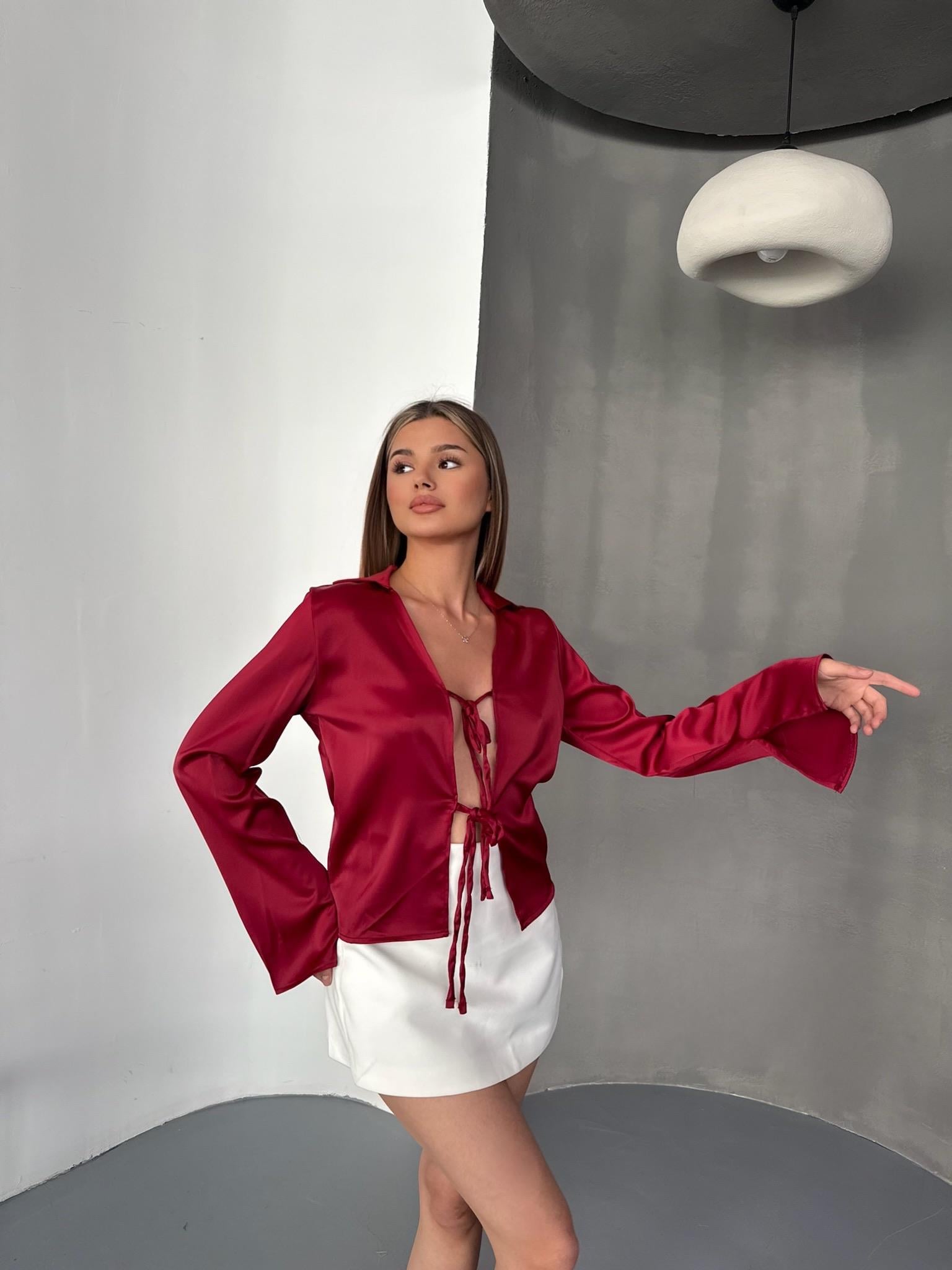 Saten Bağlamalı Bluz-Bordo