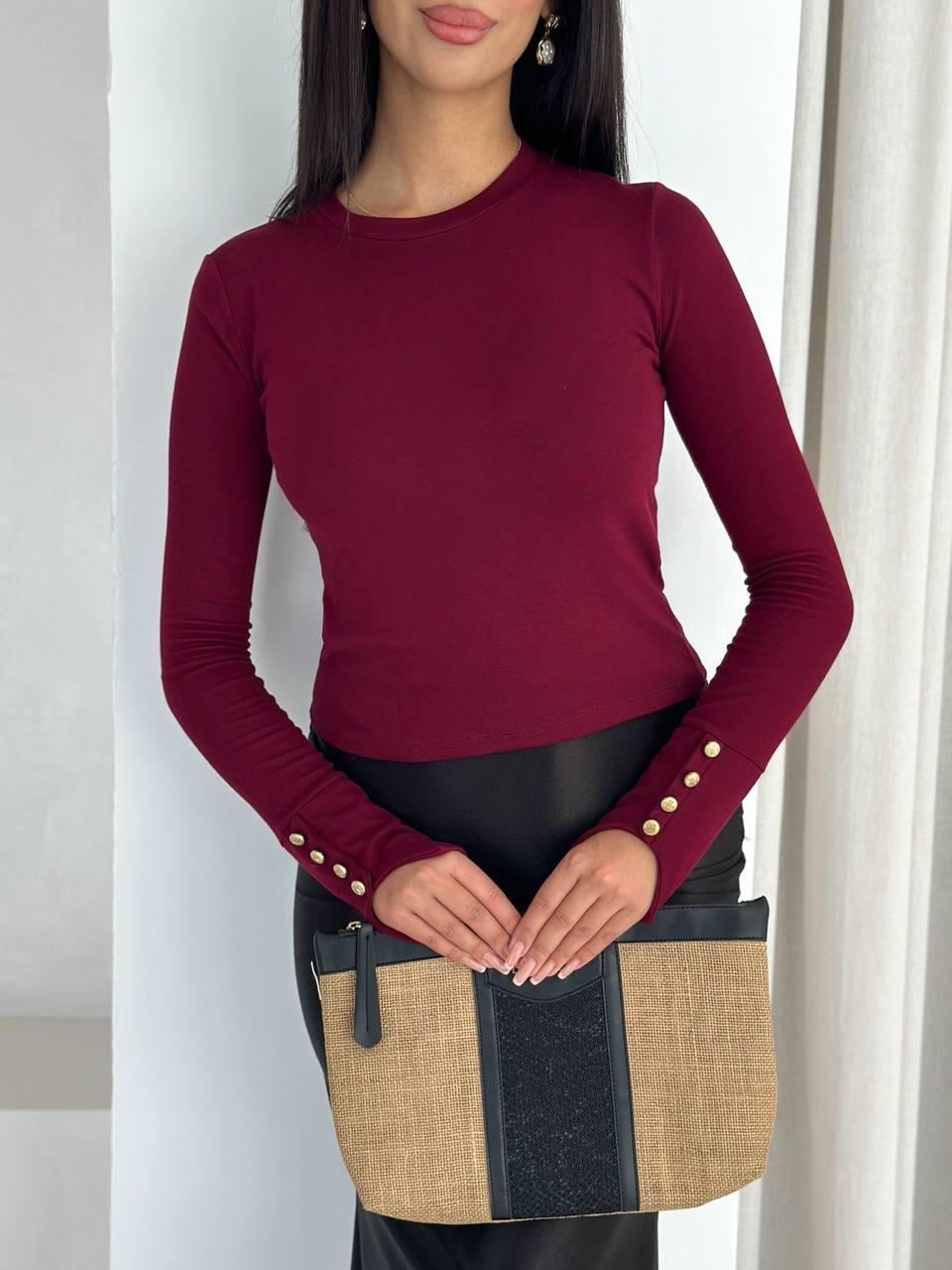Uzun Kol Düğme Detaylı Basic Bluz-Bordo
