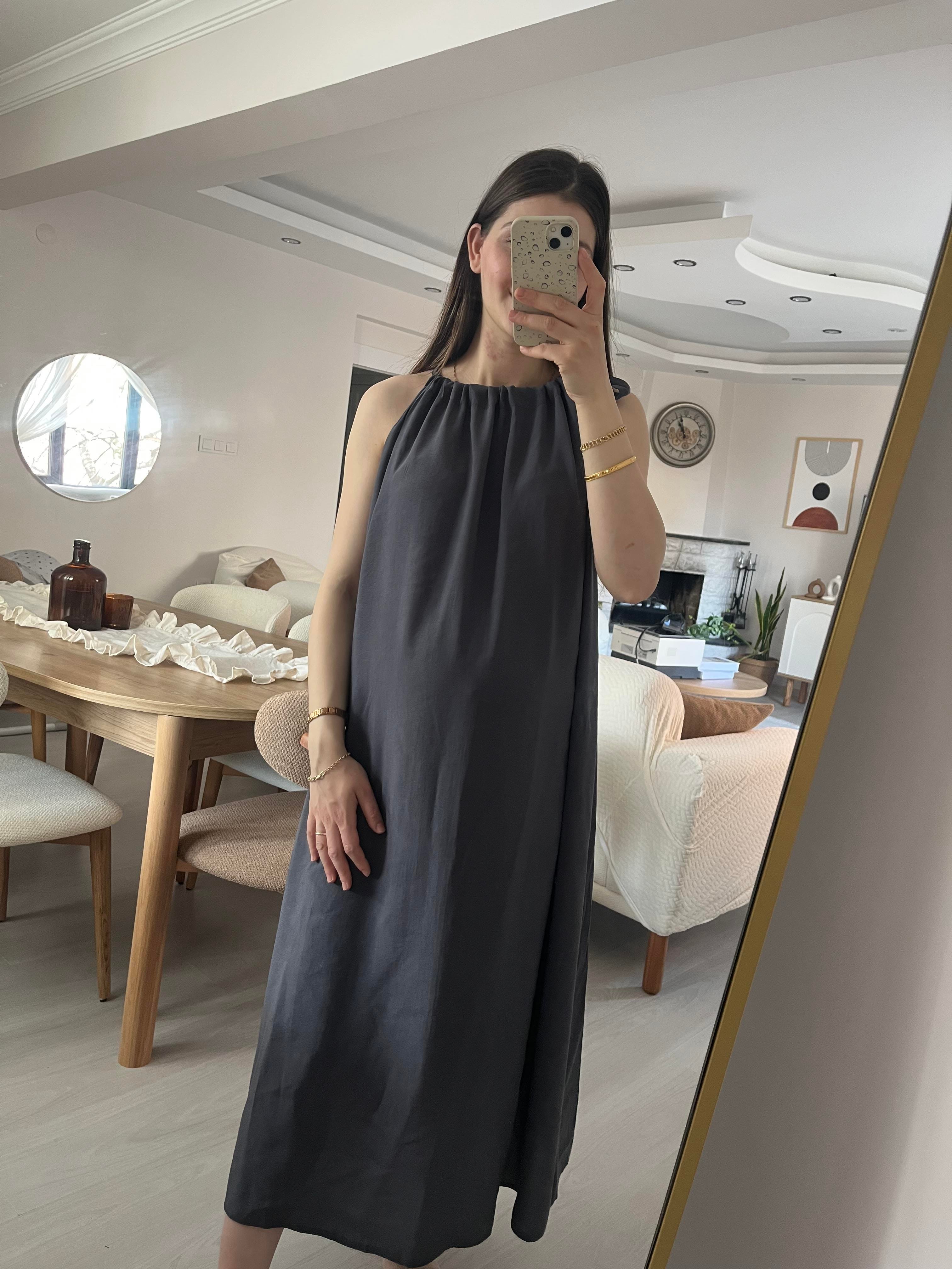 Füme Boyundan Bağlamalı Modal Elbise