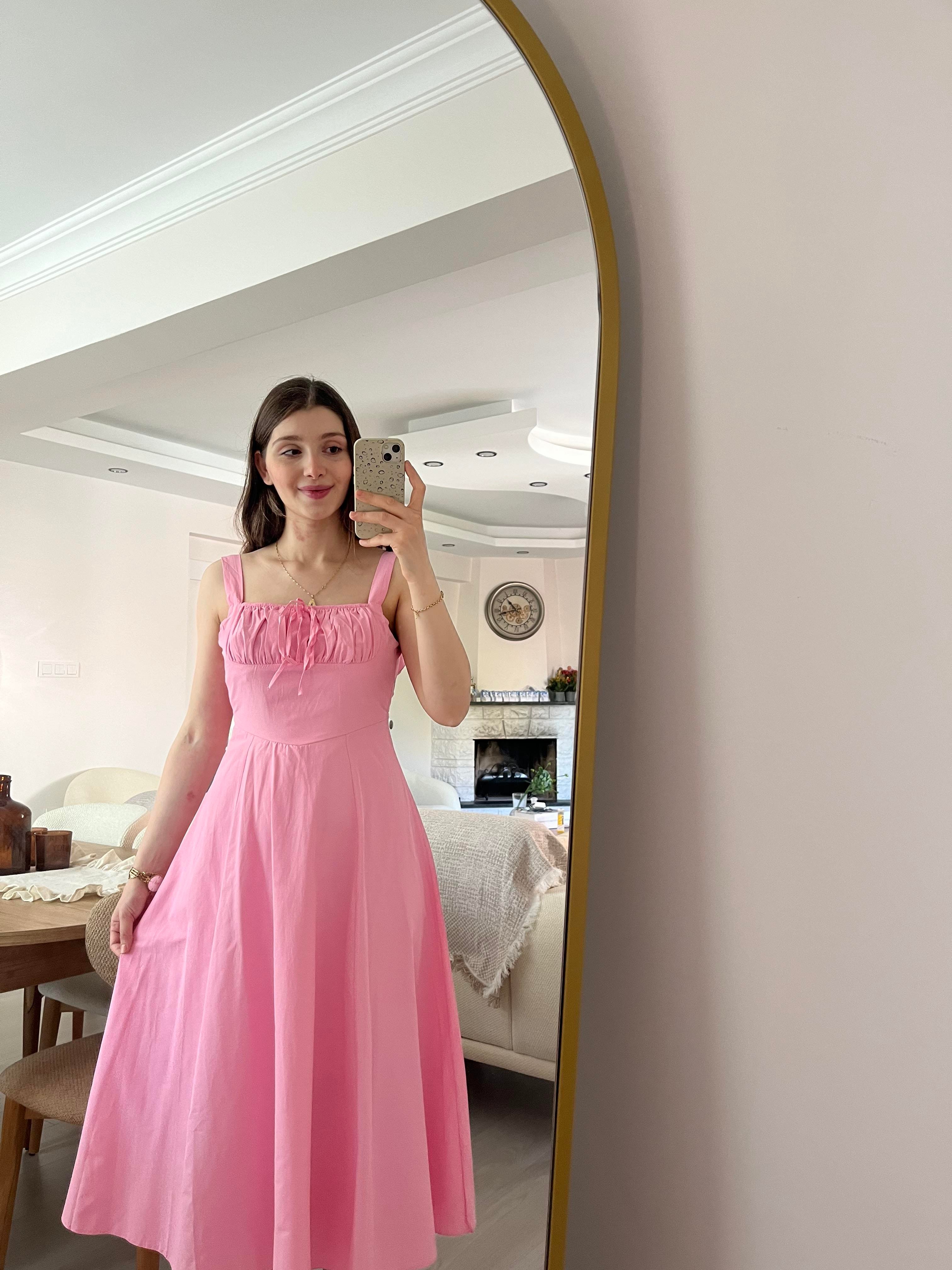 Pembe  Askılı Astarlı Elbise
