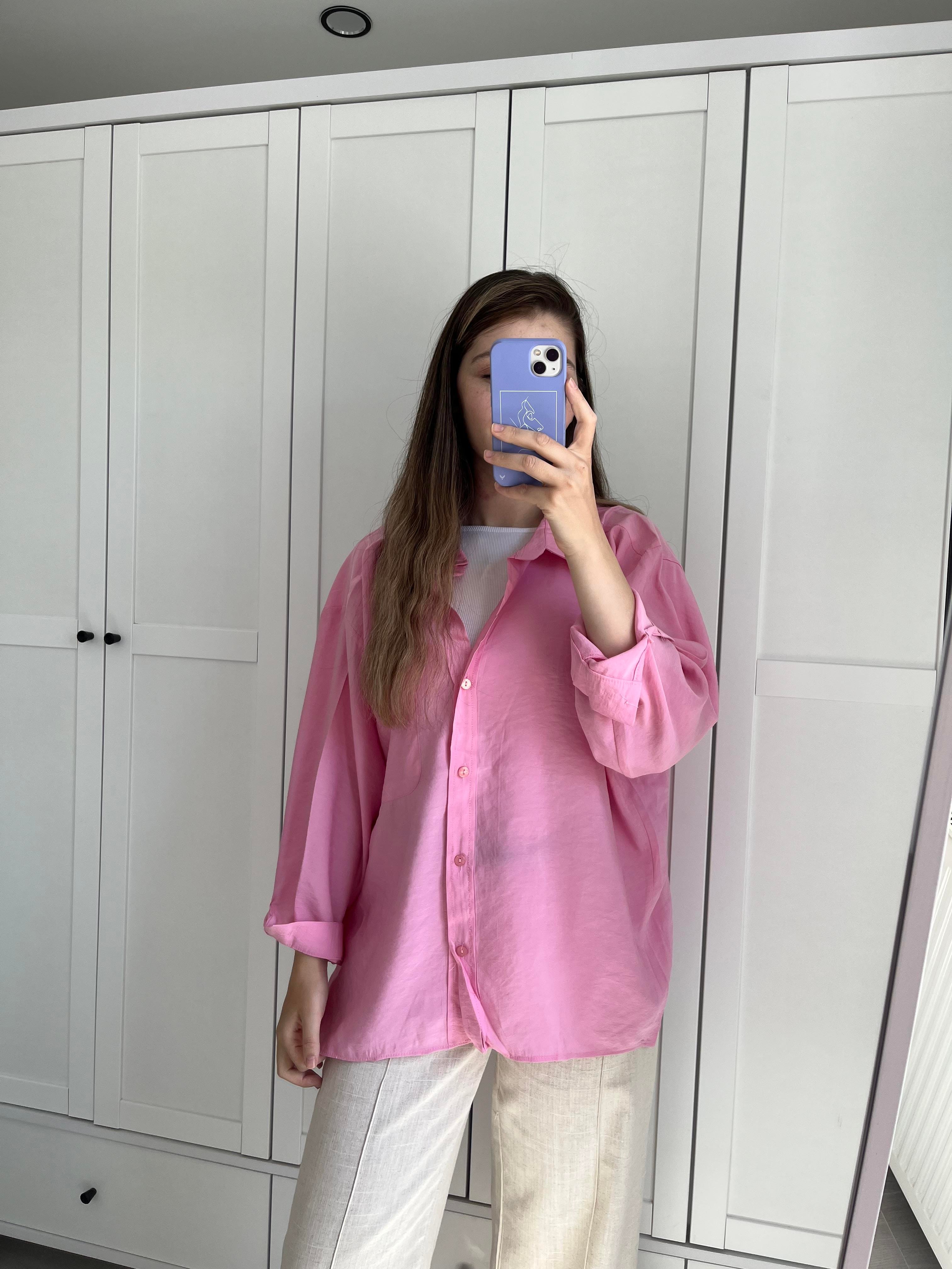 Pembe Tencel Oversize Gömlek