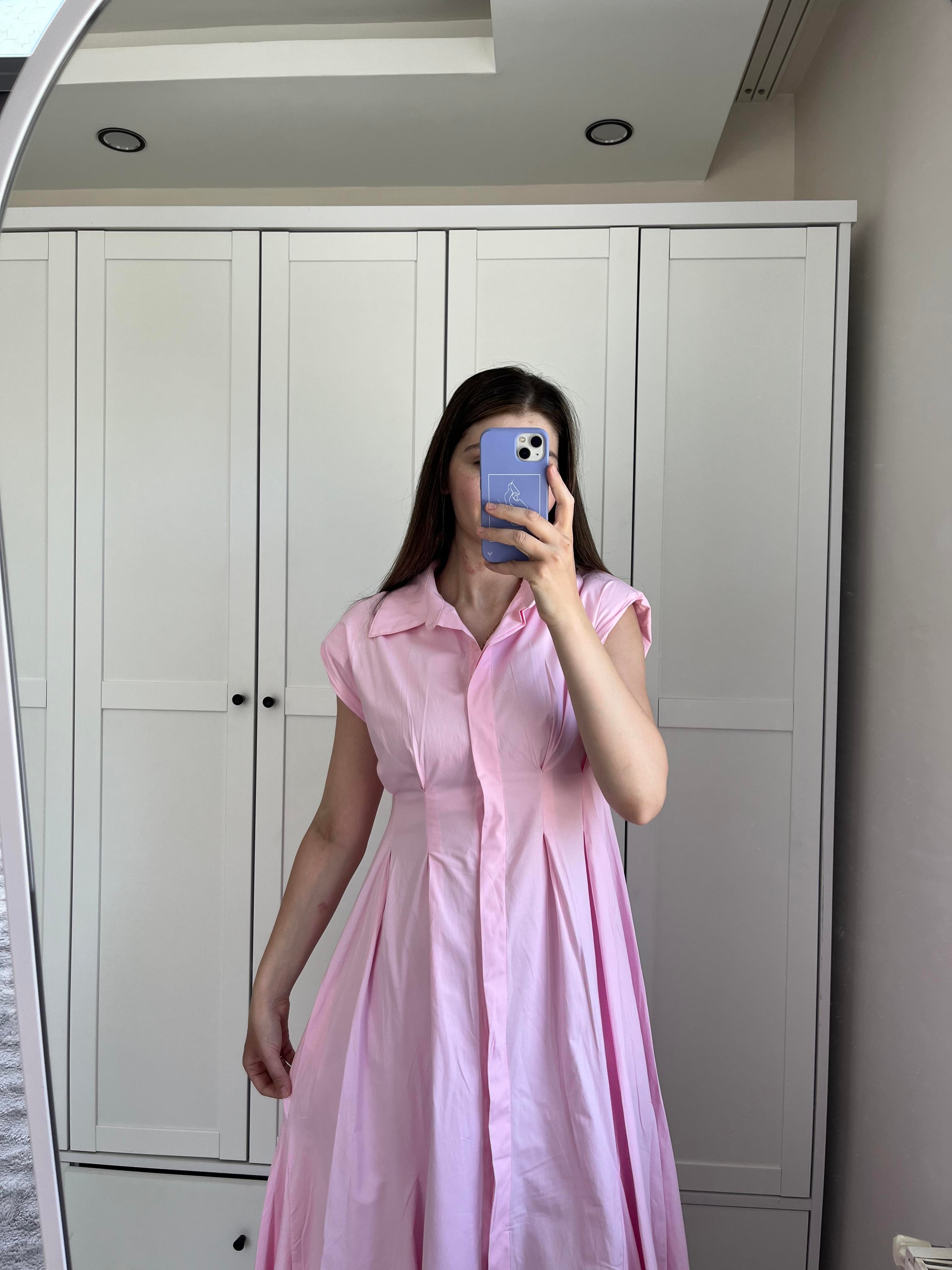 Pembe Uzun Poplin Elbise