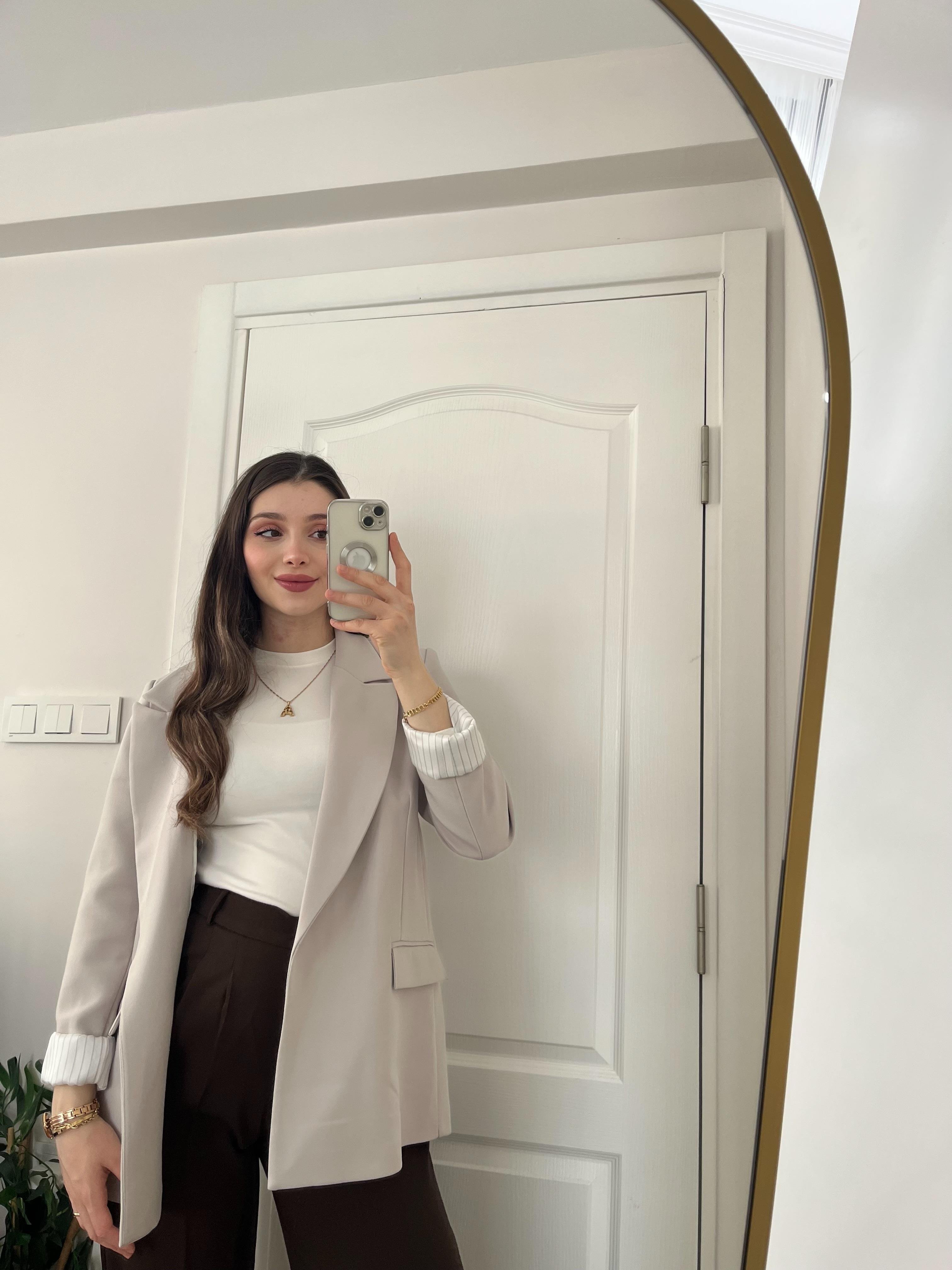 Taş Rengi Çizgili Astarlı Blazer Ceket