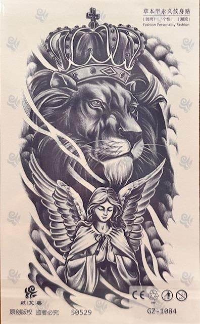 Aslan Tacı Ve Kanatlı melek Yarı Kalıcı Dövme 