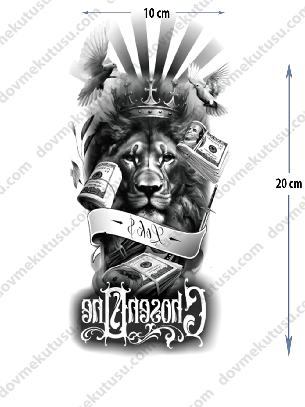 Geçici Dövme – Aslan, Taç ve Dolar 3D Motifi ile Güç, Kraliyet ve Zenginliğin Sembolü!