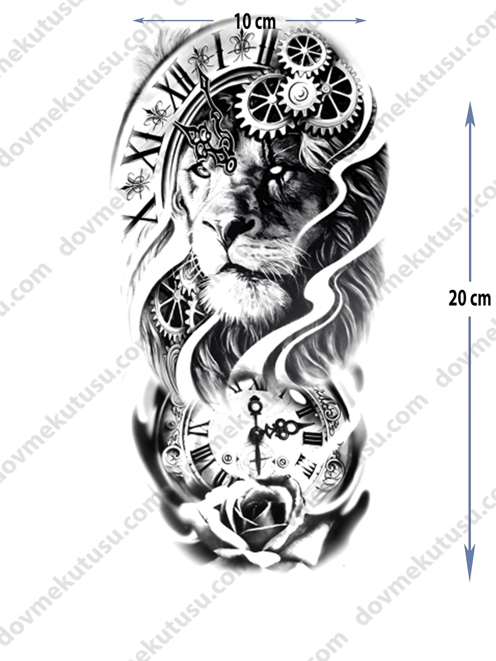 Geçici Dövme – Aslan ve Saat 3D Motifi ile Güç, Zamanın Hakimiyeti ve Liderliğin Sembolü!
