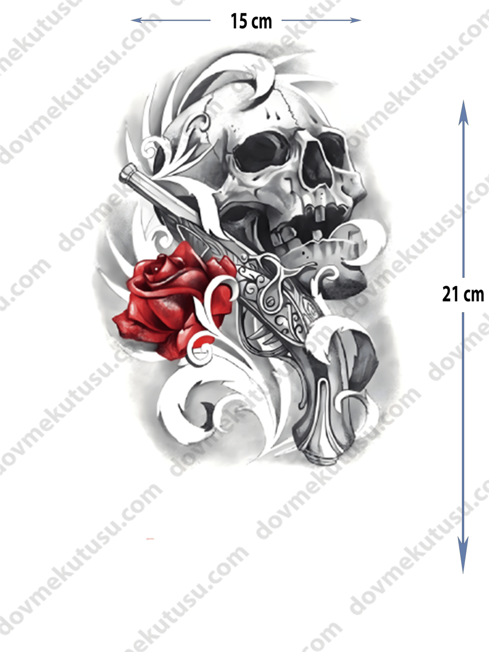 Geçici Dövme | Kuru Kafa, Gül ve Kılıç Tasarımı – Cesaretin ve Aşkın Simgesi