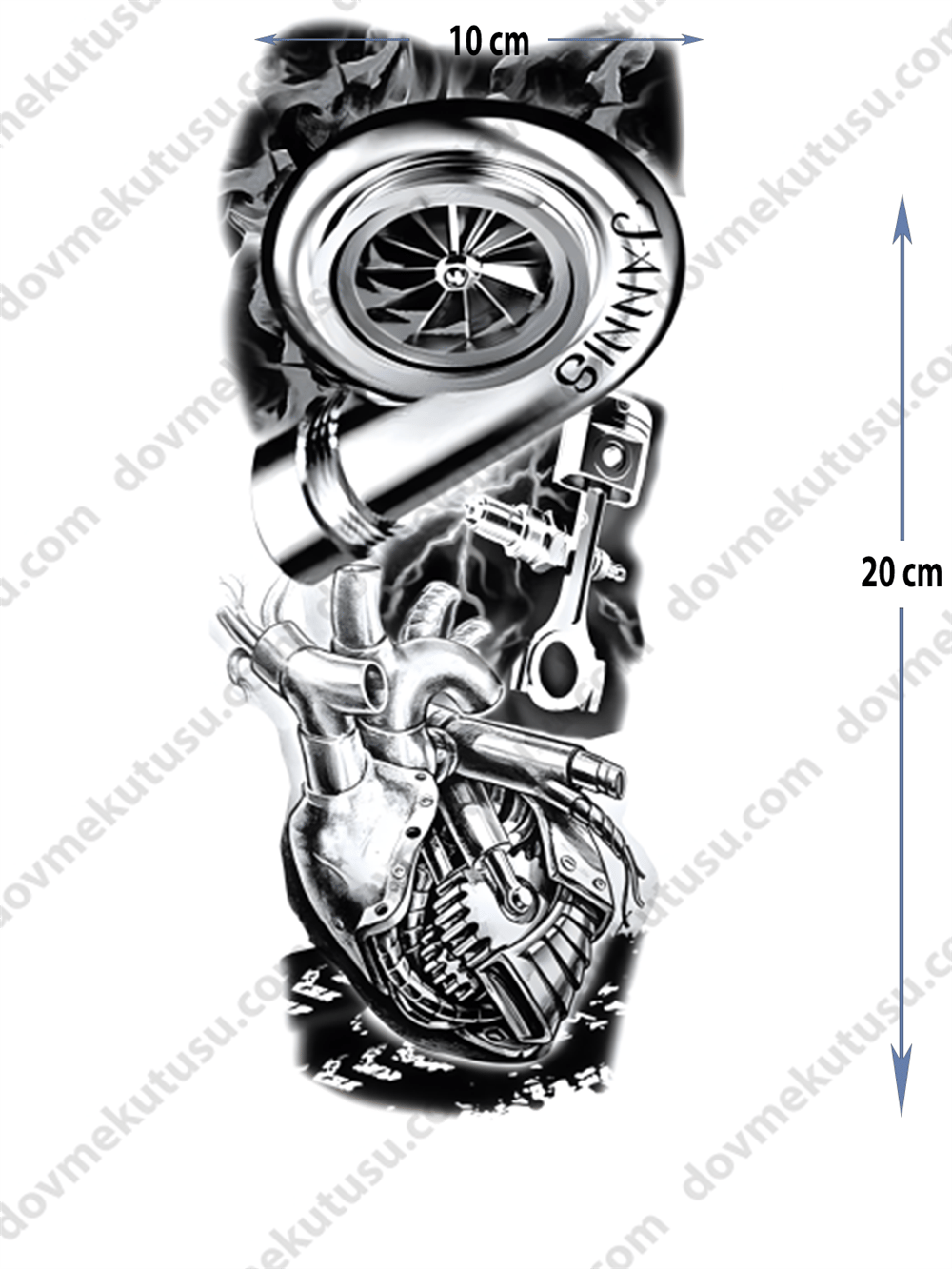 Geçici Dövme – Turbo Şarj ve Mekanik Kalp 3D Motifi ile Hız, Teknoloji ve Aşkın Gücünün Sembolü!