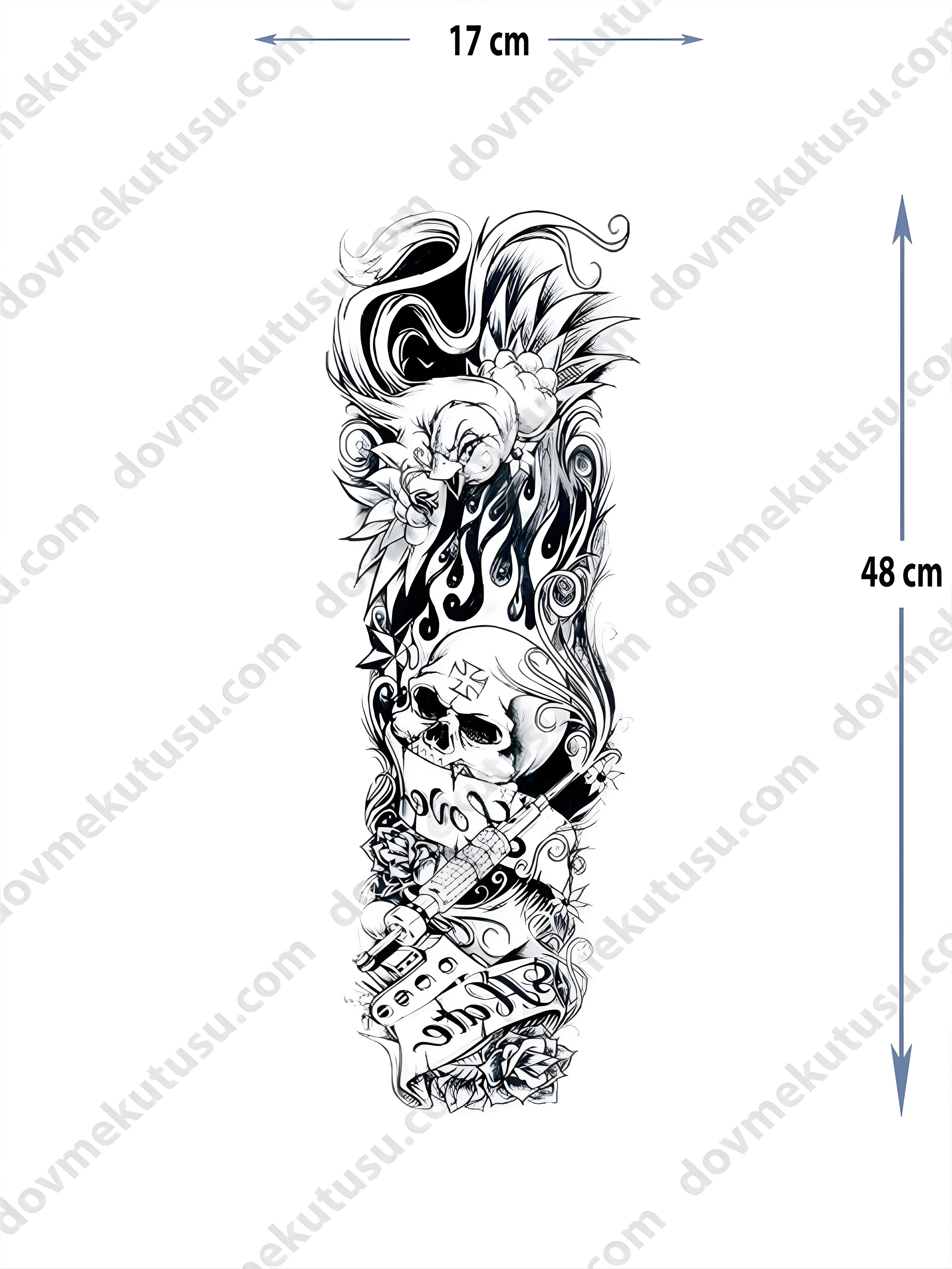 Geçici Kol Kaplama Dövme – Kafatası ve Gül Motifi ile Hayatın Geçiciliği ve Güzelliğin Sembolü!